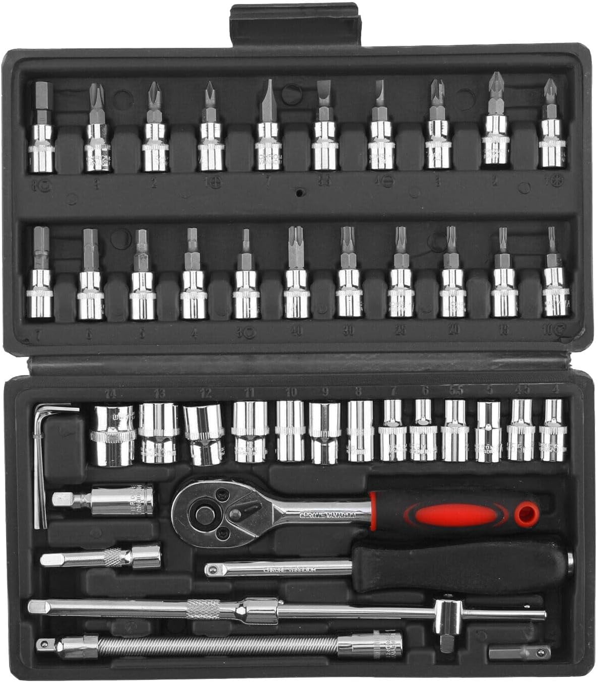 Pamatio 46-Piece 1/4" Drive Socket Set with Bits, Quick Release Ratchet Wrench Set - Extension Bar Socket Spanner Tool Set for Household DIY, Car Bike Repair