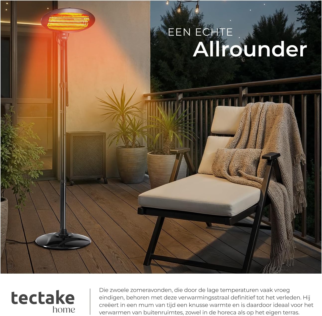 tectake Infrared Heater on a patio with outdoor furniture