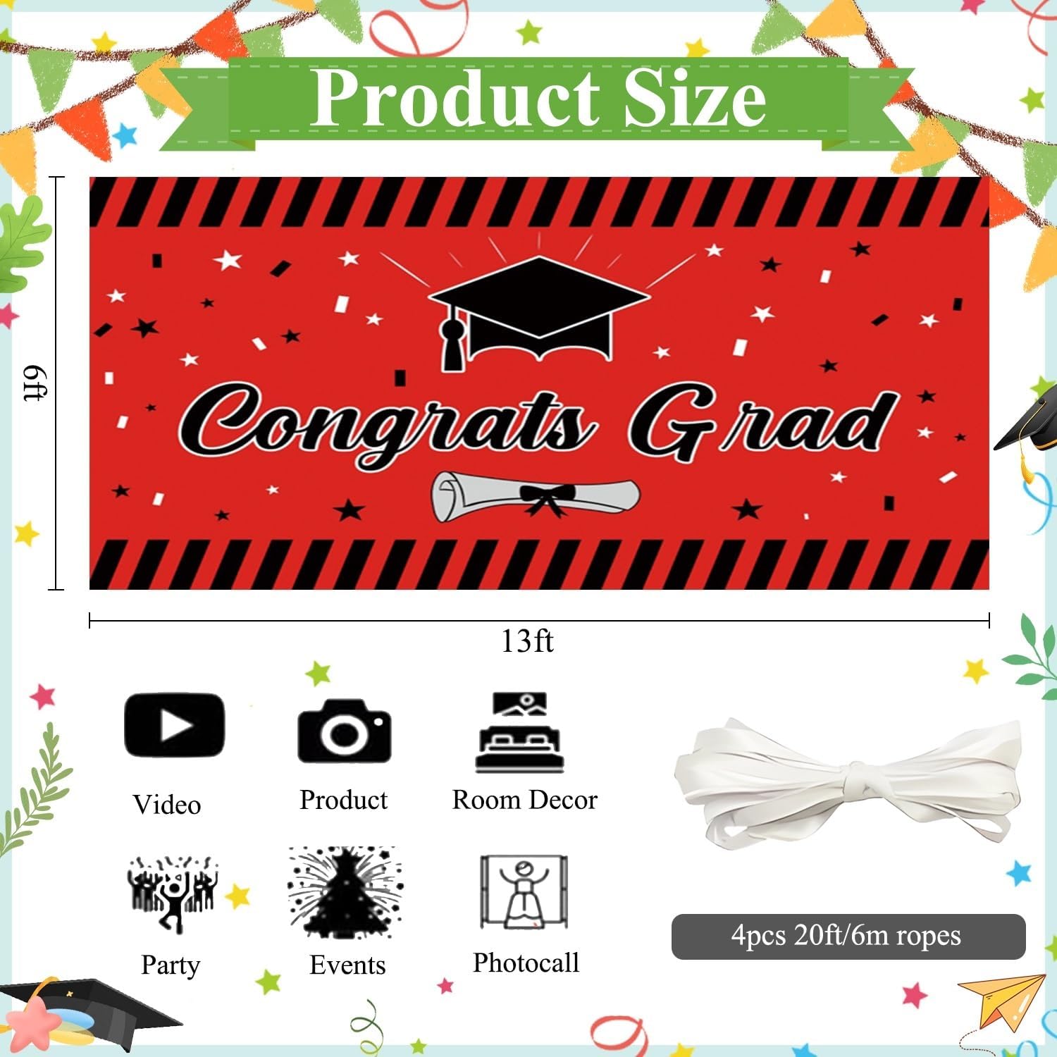 OERJU Congrats Grad Garage Door Banner Class of 2026 Graduation Garage Door Cover Red and Black School College Graduation Party Decorations Hanging Backdrop Outdoor Indoor Wall Decor Mural 6x13ft