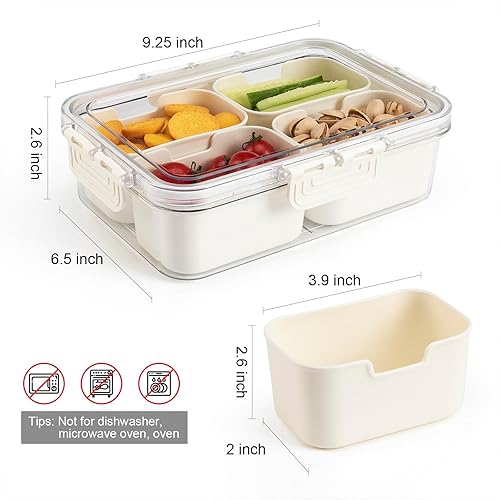 Miniatura 7 de Bandeja para verduras con tapa, recipientes de plástico divididos para aperitivos, bandeja cuadrada dividida para verduras con tapa, 4 recipientes