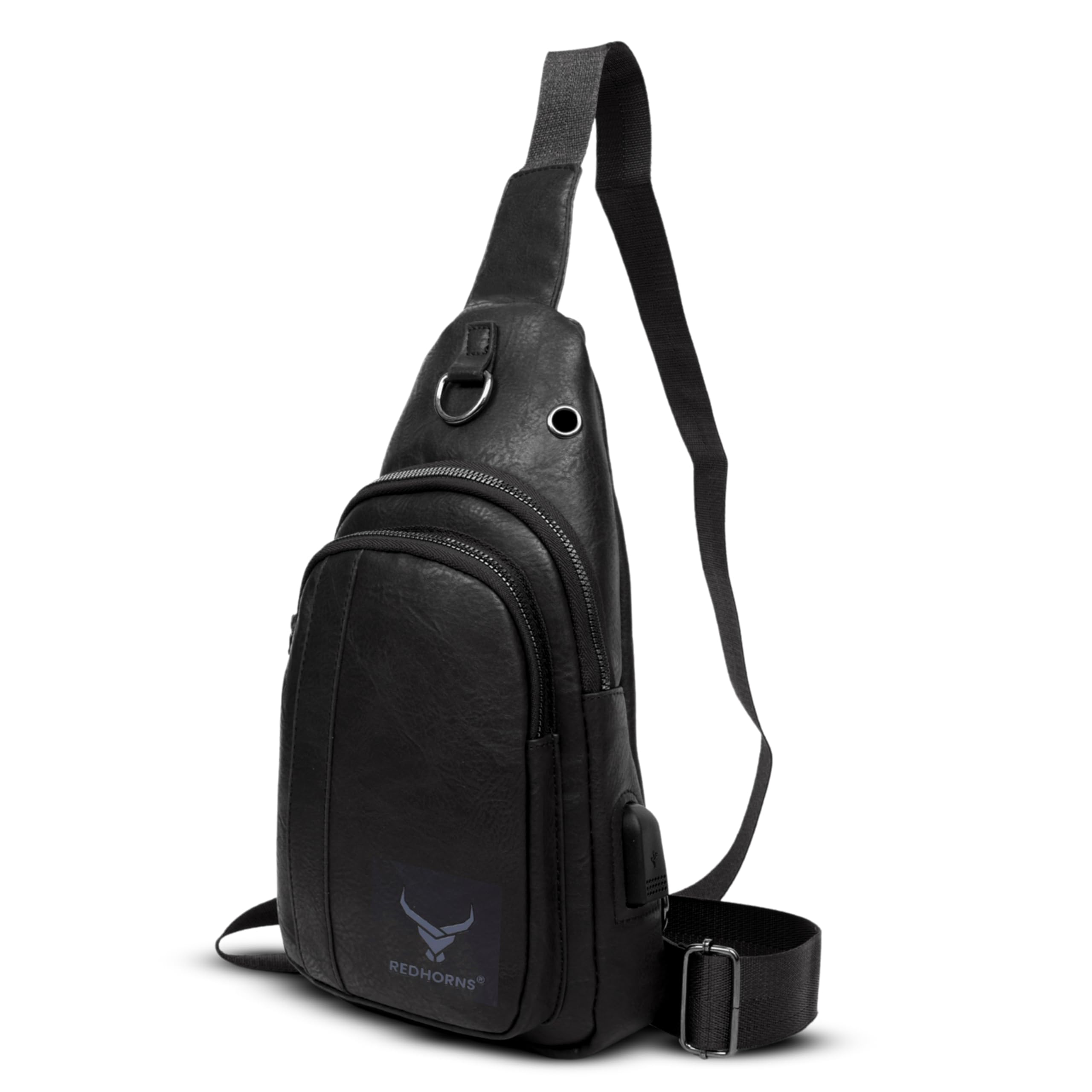 REDHORNS Faux Leather Crossbody Chest Bag For Outdoor Travel Cycling Gym Crossbody Shoulder Backpack Fashion Sling Bag for Men and Women with USB Charging Port (Black) (B0CZLG8R7H) Amazon Price History, Amazon Price Tracker