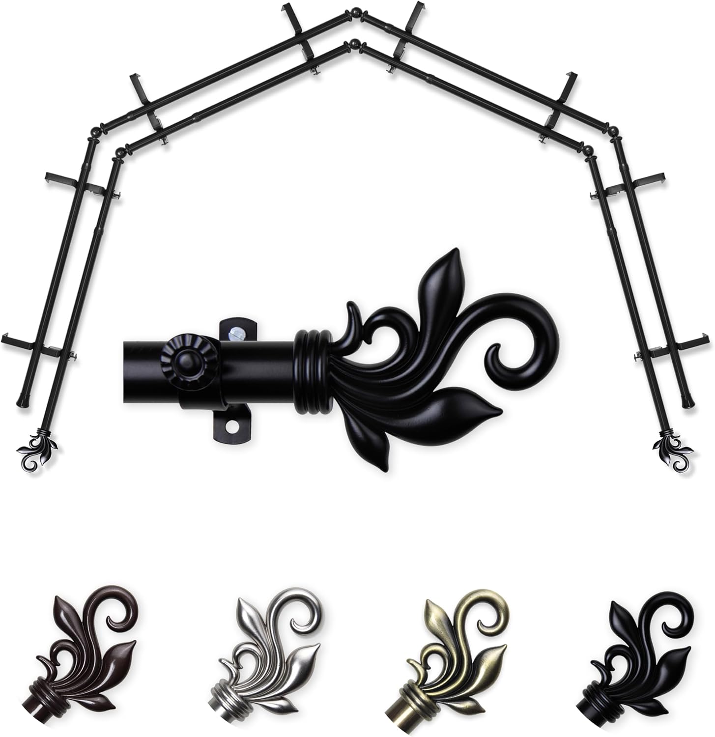 A&F Rod Décor - Quinn 13/16" 4-Sided Double Bay Window Curtain Rod - Antique Brass