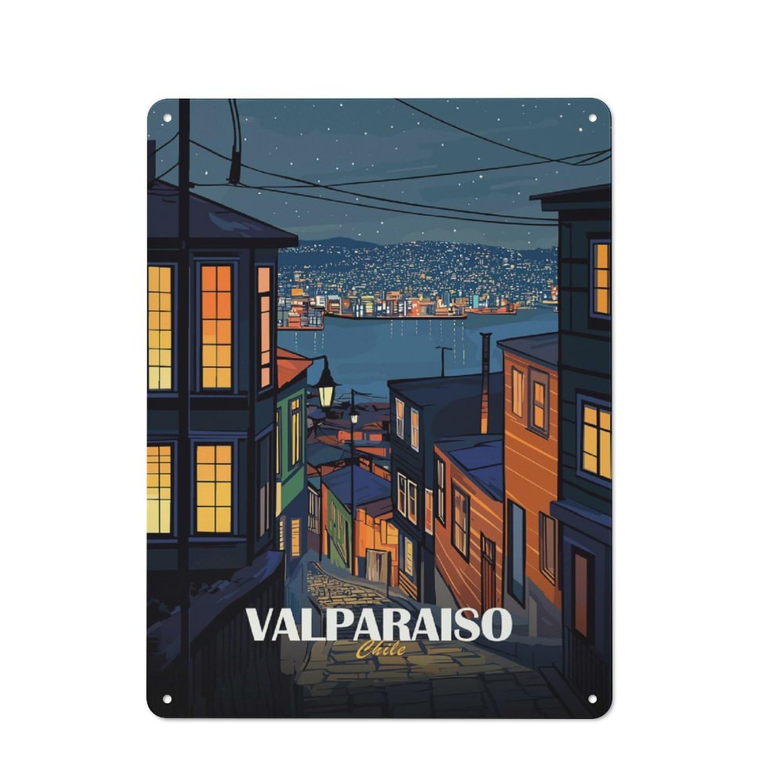 Junmoney Valparaiso Chile Night Cityscape Art Retro Metal Sign 40X30cm For Garden Room Or Summerhouse, For Garden Room Decor Fans