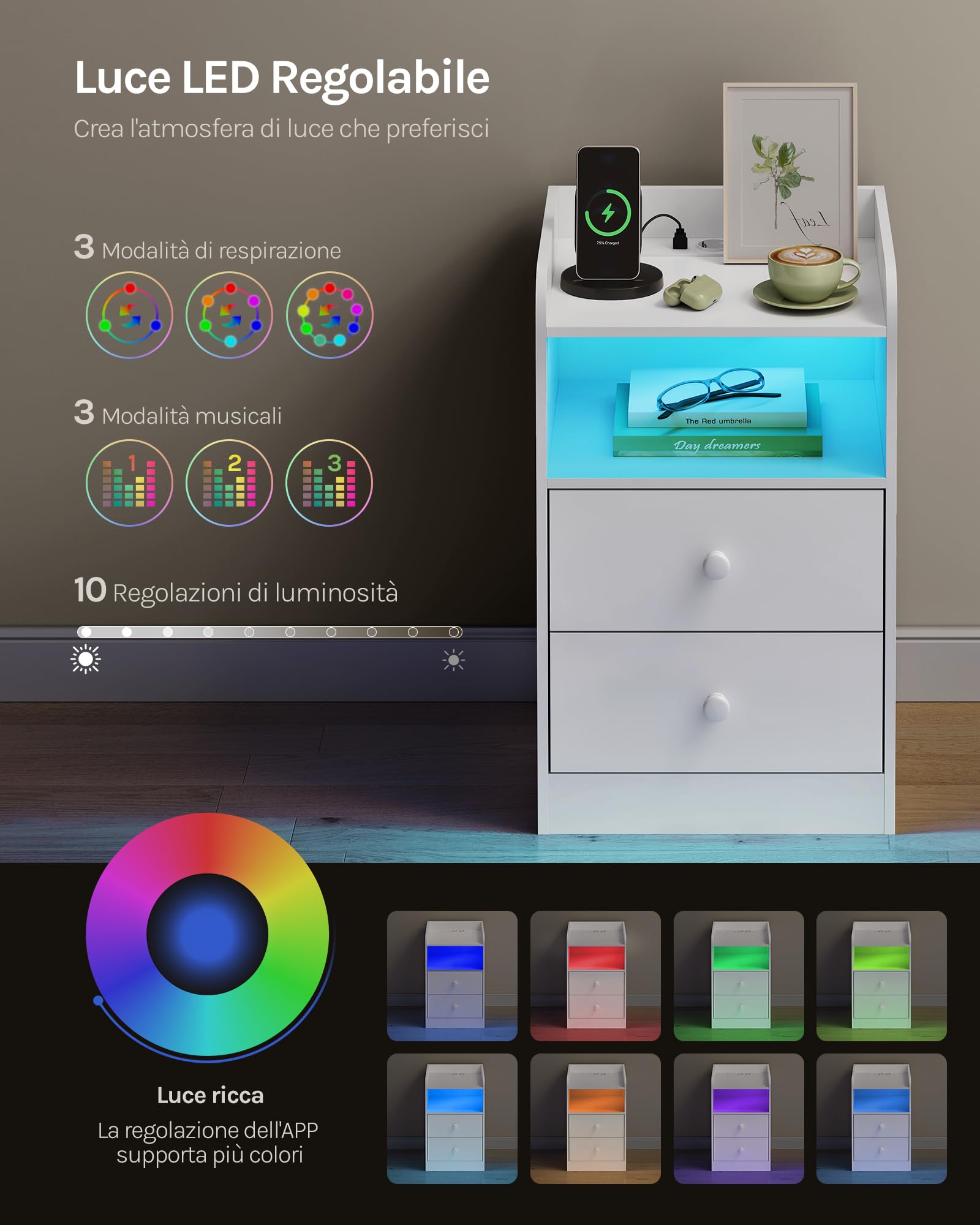 WOLTU Comodino con Stazione di Ricarica, Prese, Porte USB, Tavolino con Luci LED Regolabile, Cassettiera con Cassetti e Scomparto, 40x35x64cm, per Camera da Letto, in Legno, Bianco NTS07ws