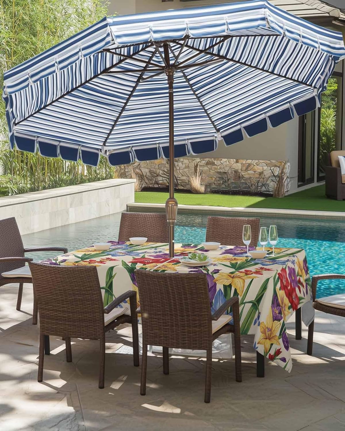 Outdoor Tablecloth with Umbrella Hole and Zipper, Spring Florals Waterproof Table Cloth for Patio/Party/Picnic, Blue Red Yellow Flowers Table Cover, 60x102 Inch Rectangle