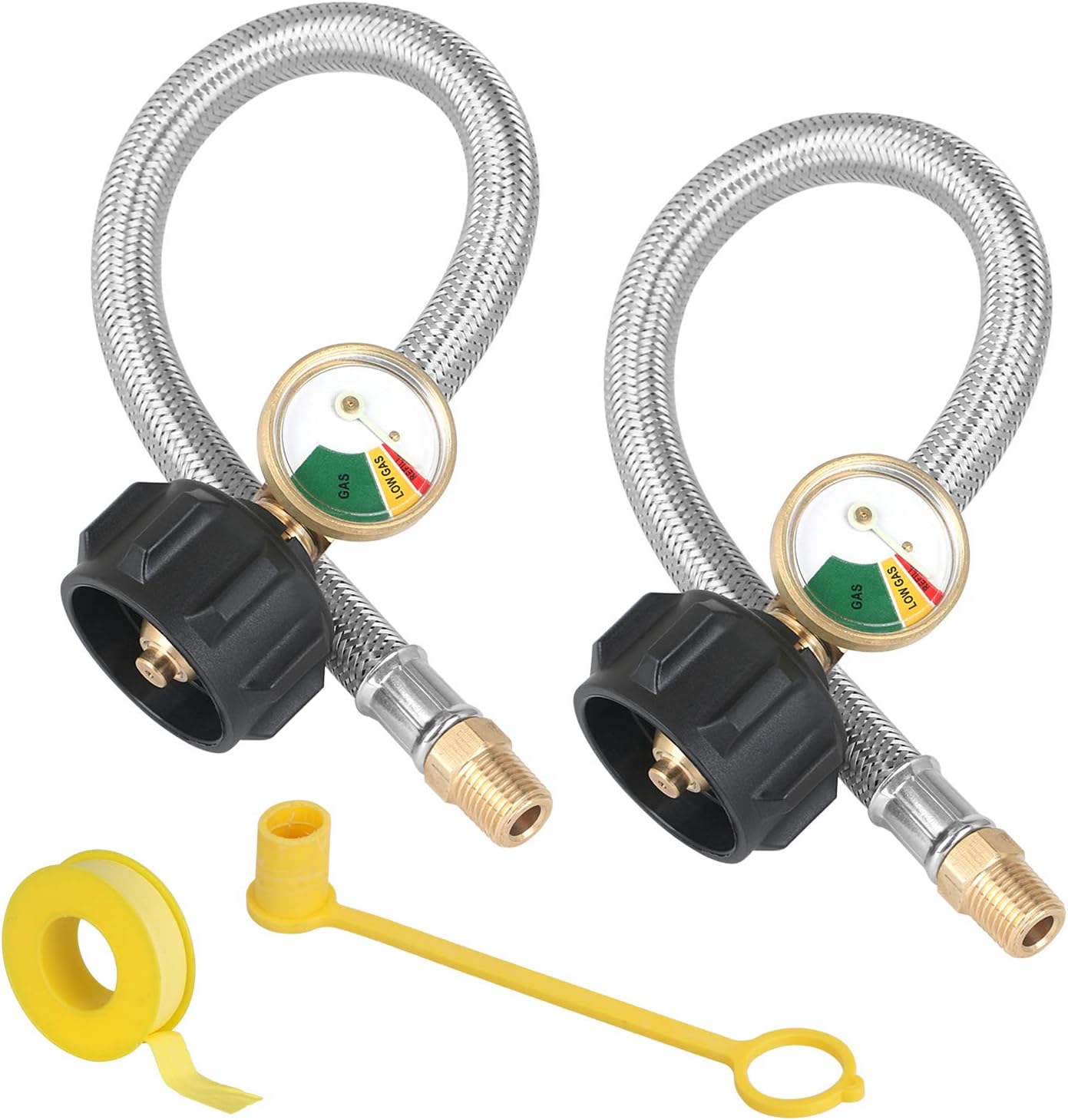 STYDDI 2 Packs RV Propane Hose with Tank Gauge, 12-Inch Stainless Braided RV Propane Gas Line with 1/4" Male NPT x Type 1 Connection for Motorhomes, Campers, Coaches, Caravans, Trailers