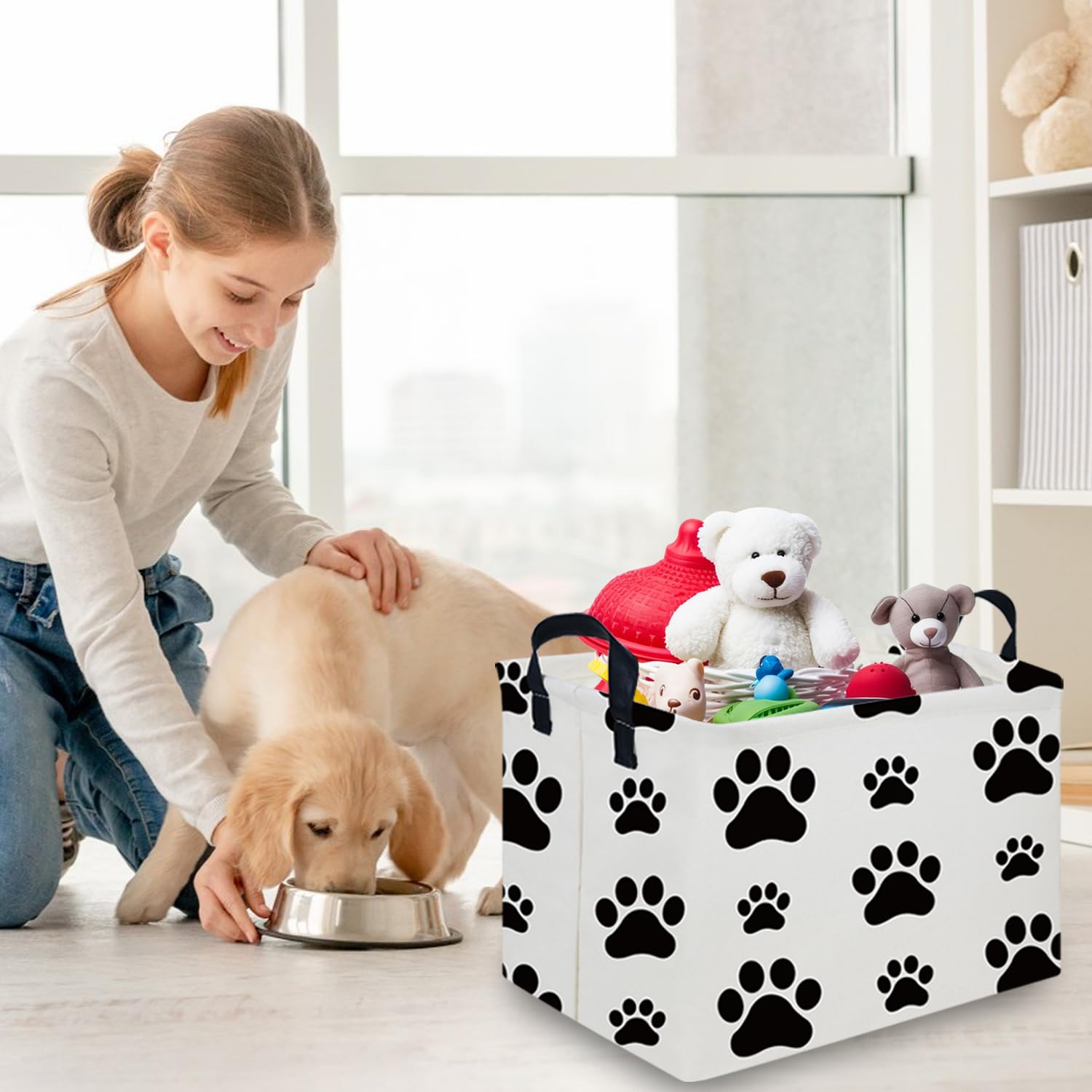 Rectangular Dog Basket,Nursery Hamper,Collapsible canvas kids toy storage box,Kids room storage basket,Pet decor(Dog paw)