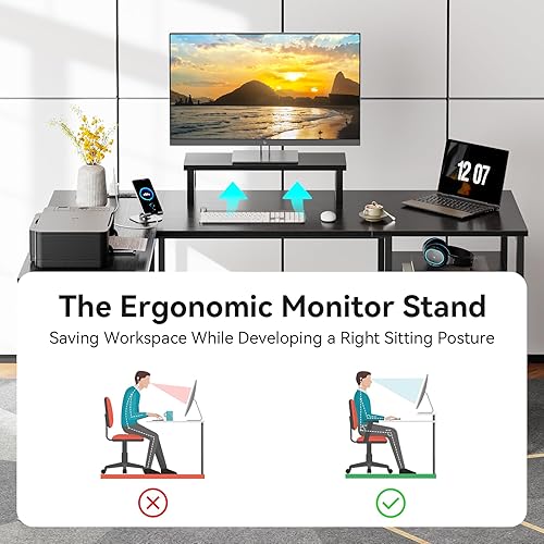 Miniatura 8 de Furologee Escritorio para computadora en forma de L con toma de corriente, escritorio reversible de oficina en casa para estudio de trabajo, mesa de