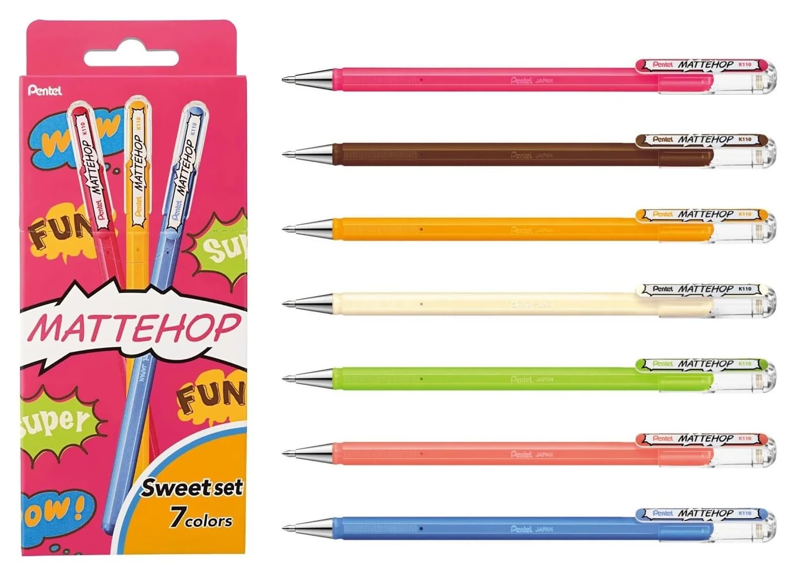 Pentel Mattehop K110 Liquid Gel Ink Rollerball Pens - 1.0mm Tip - Pack of 7 - Assorted Sweet Colours