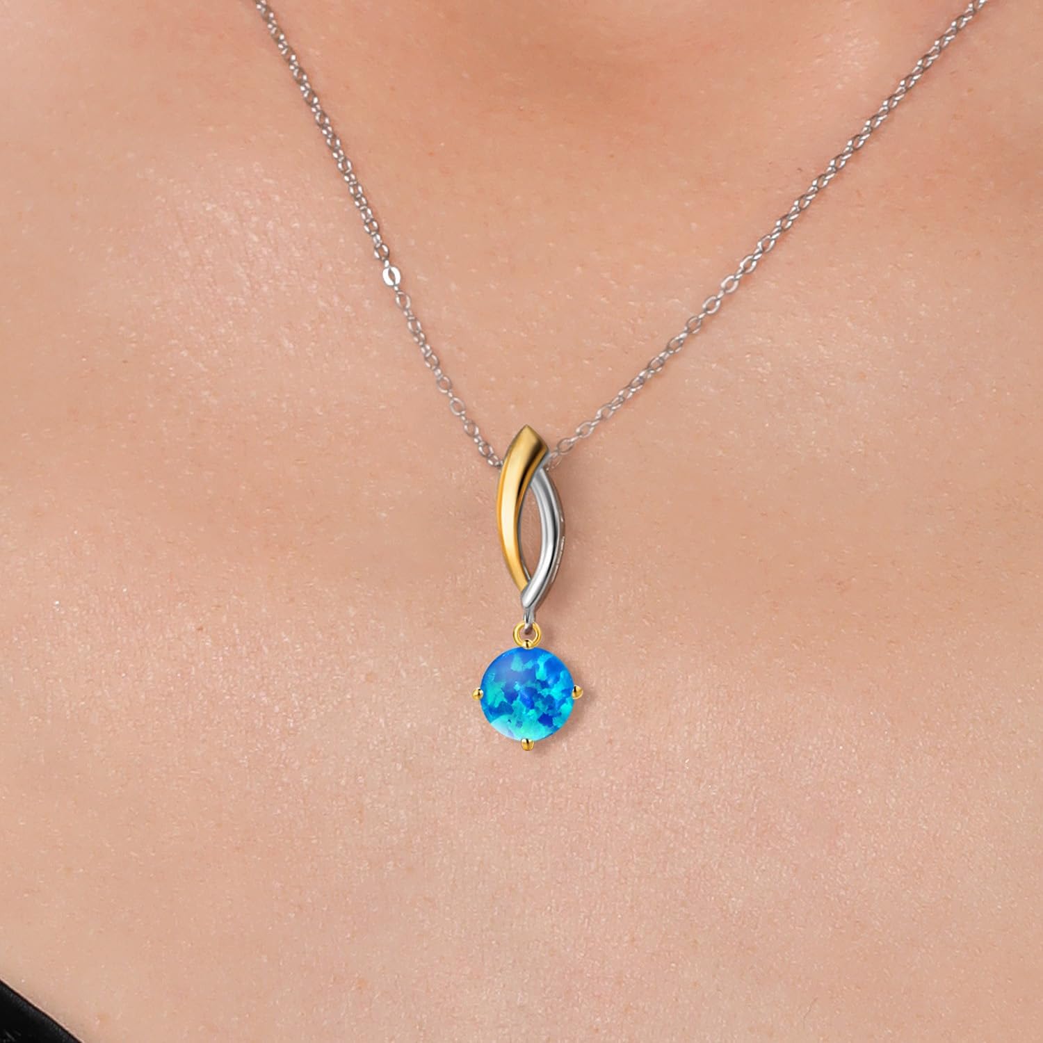Gem Stone King 925 Silver and 10K Yellow Gold Simulated Blue Opal Pendant Necklace for Women | 0.30 Cttw | Gemstone October Birthstone | Round Cabochon 6MM | With 18 Inch Silver Chain - Image 3