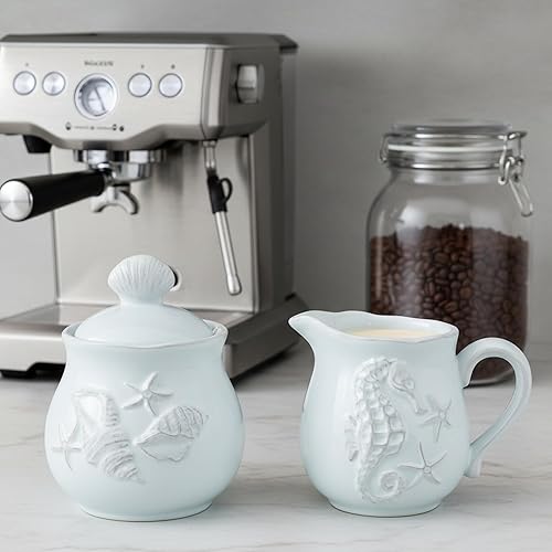 Miniatura 2 de Blue Sky Clayworks Laguna Coastal Sugar & Creamer Set, Cerámica, Azucarero de 4 x 4 x 5 pulgadas Crema de 5 x 3.5 x 4 pulgadas, dije de concha y