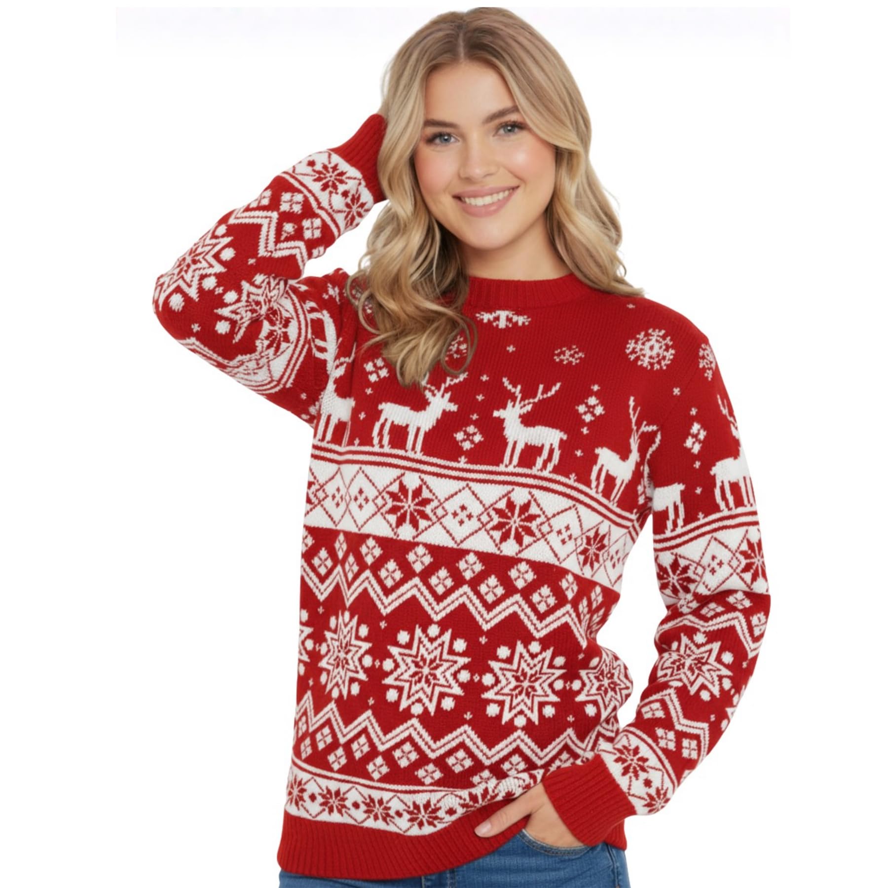Hamishkane® Womens Christmas Jumpers - Xmas Knitted Reindeer Snowflake Print Ladies Xmas Jumper UK, Funny Crew Neck Tunic Christmas Tops, Novelty Pullover Sweater, Ugly Christmas Jumpers for Women