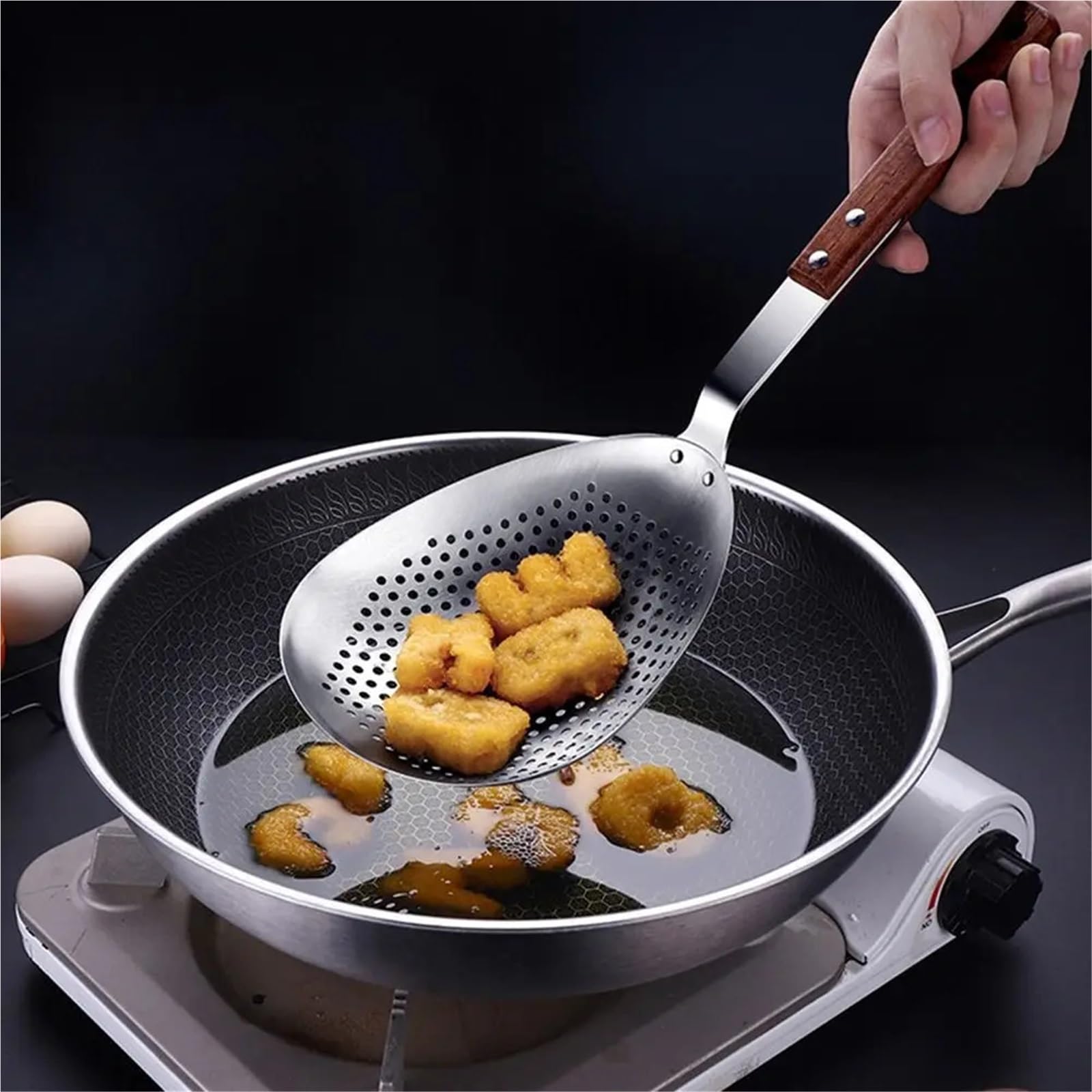 Espumadera Colador Spider 2 uds espumadera de acero inoxidable cuchara ranurada mango madera colador pasta antideslizante filtro cucharón grueso for cocina for freír alimentos(15 * 37cm)