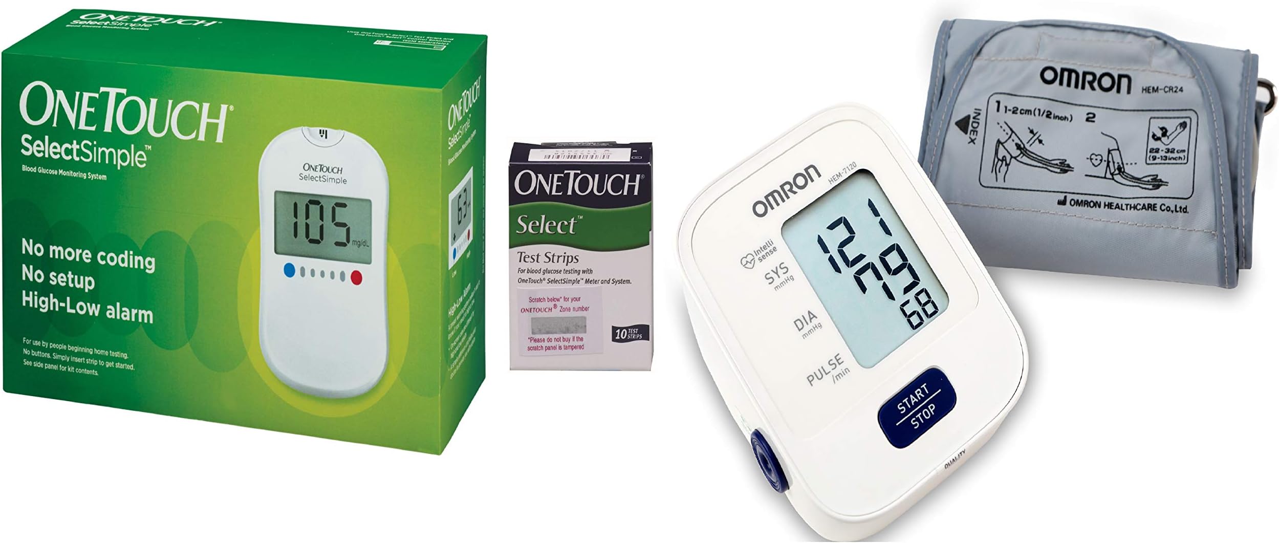Omron 7120 Digital BP Monitor and OneTouch Select Plus Glucometer with 10 stripsCombo (Multicolor)