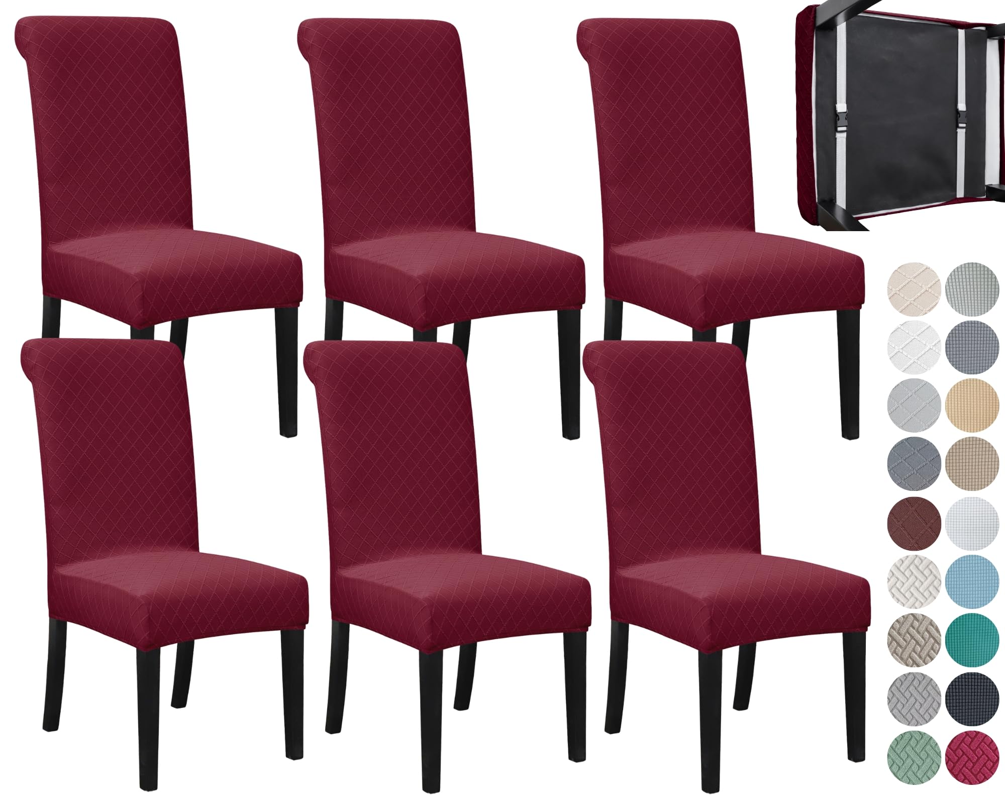Housse de chaise extensible lavable rouge vin avec ceinture de maintien lot de 6