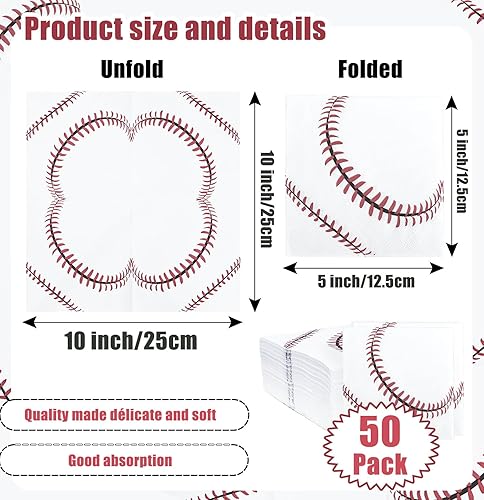 Miniatura 2 de SietDESEO 50 servilletas de béisbol de 3 capas desechables plegadas de 5 x 5 pulgadas, servilletas de papel para cena, béisbol, fiesta de