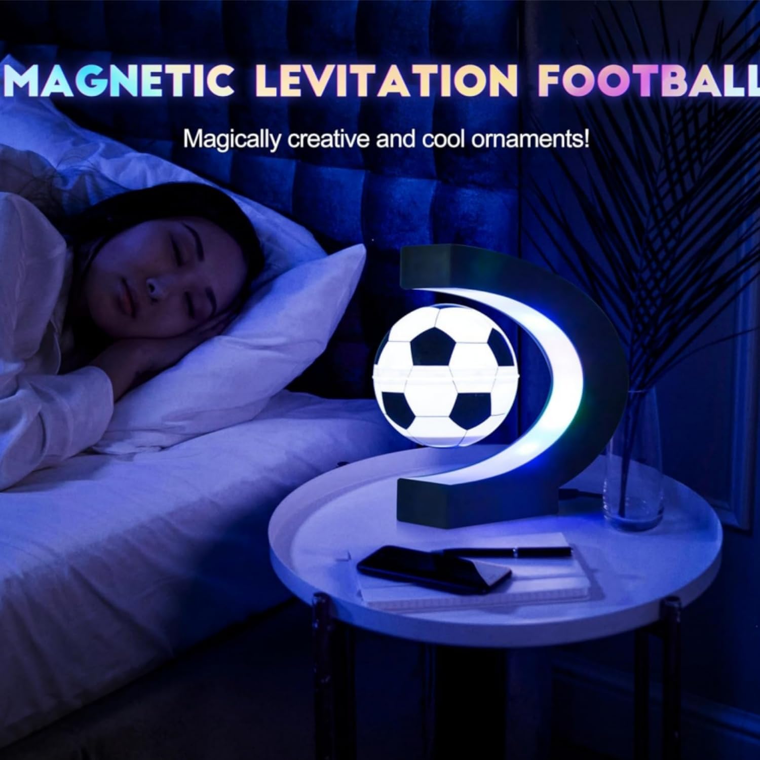 Magnetic Levitation Soccer,C Shape Base Magnetic Floating Football Decor Floating Rotating Soccer with Night Light Desktop Gifts for Birthday Christmas