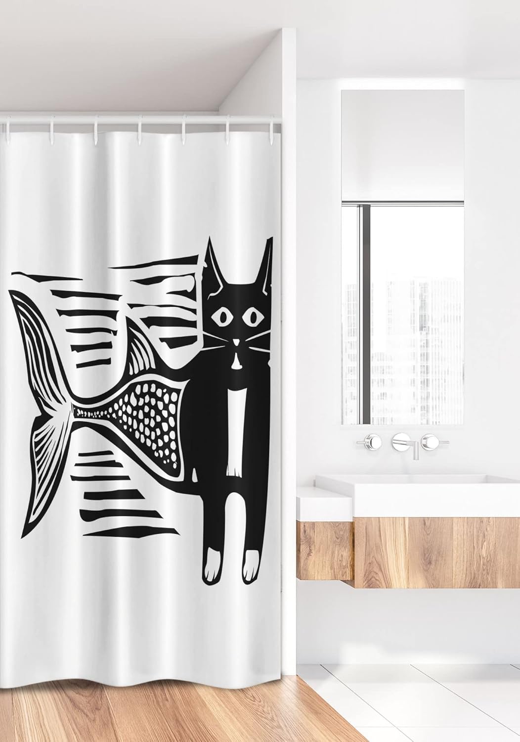 Ambesonne Underwater Stall Shower Curtain, Woodcut Style Image of a Catfish Mermaid Monochrome Comic Humorous Artwork, Fabric Bathroom Decor Set with Hooks, 36" W x 72" L, Black White