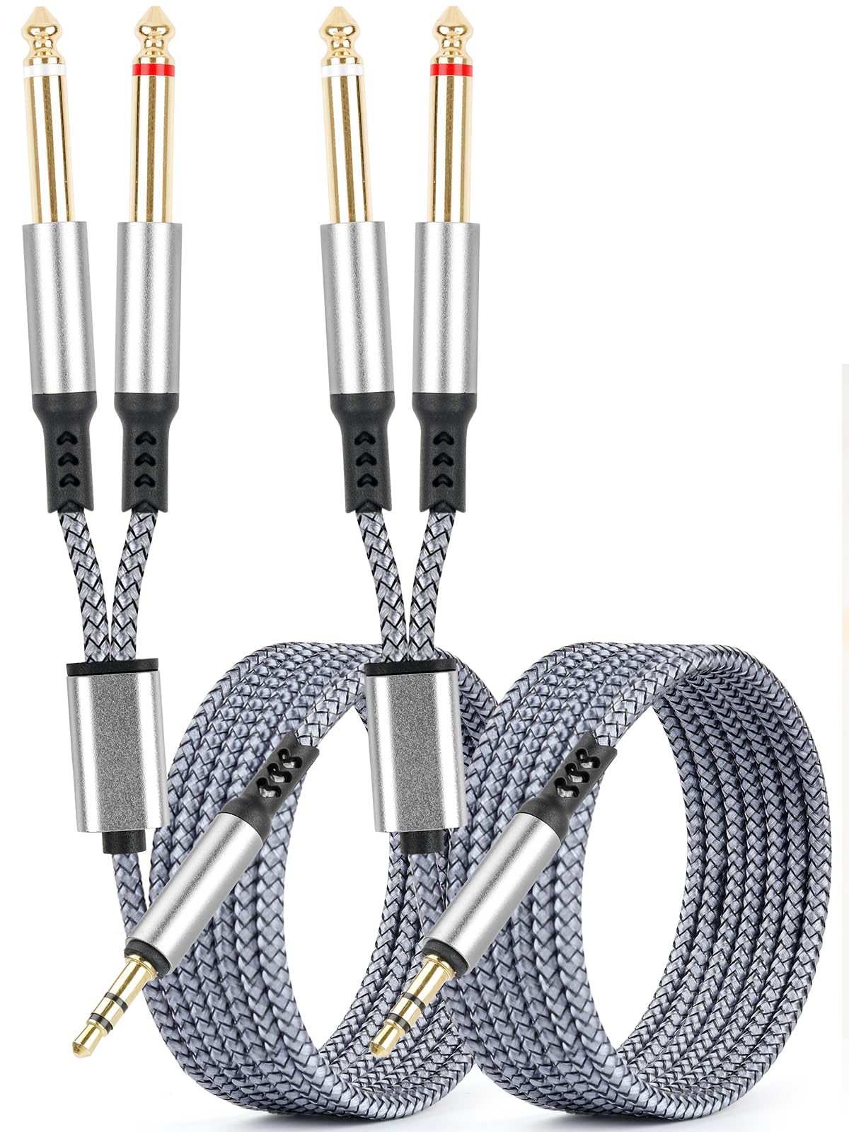 Paquete de 2 cables estéreo de 1/8 a 1/4 de 3,5 mm TRS a dual de 6,35 mm 1/4 TS mono Y Splitter adaptador de cable de audio compatible con iPhone, PC, tarjeta de sonido de computadora, mezclador