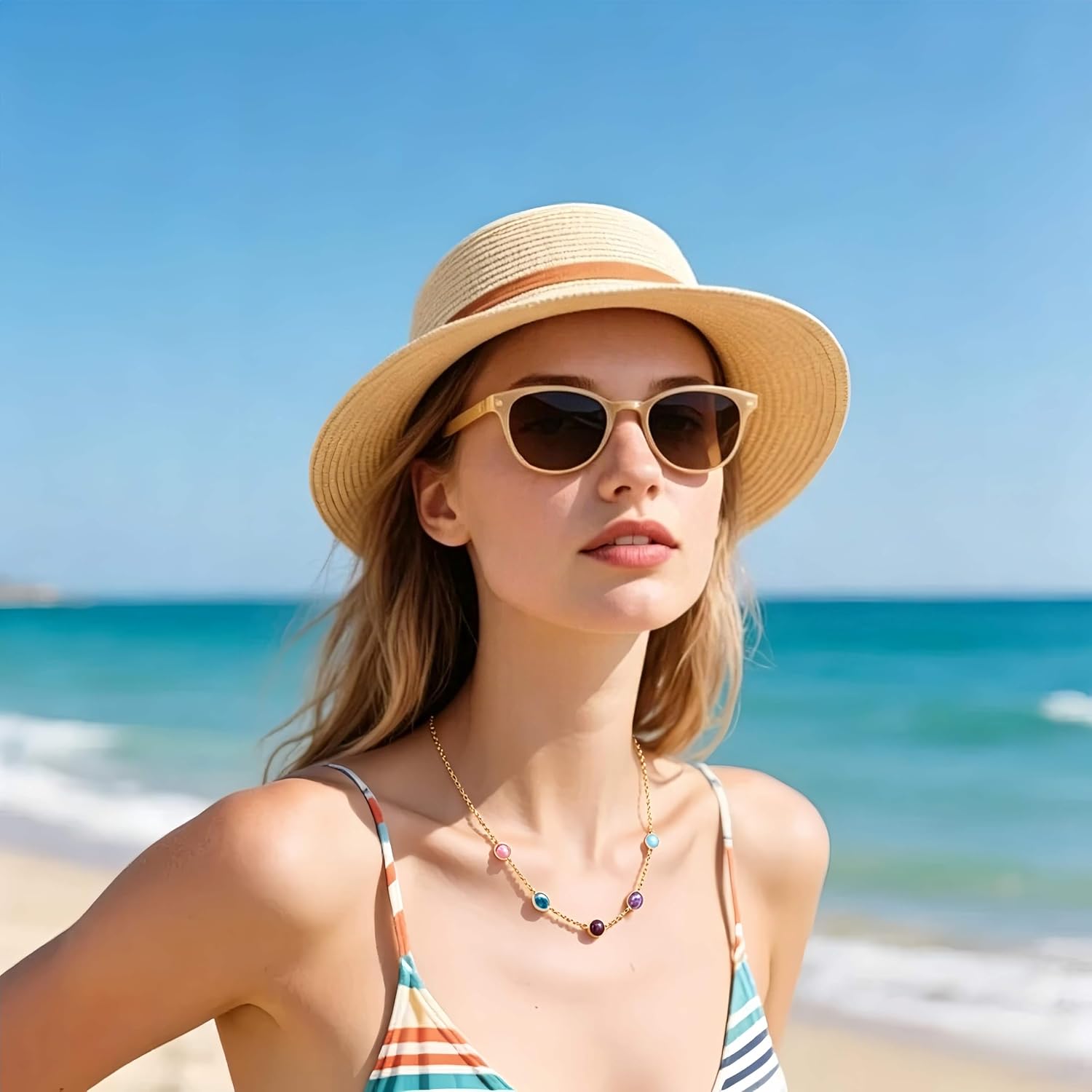 Colorful Summer Beach Multicolor Stone Rainbow Station Necklace for Women
