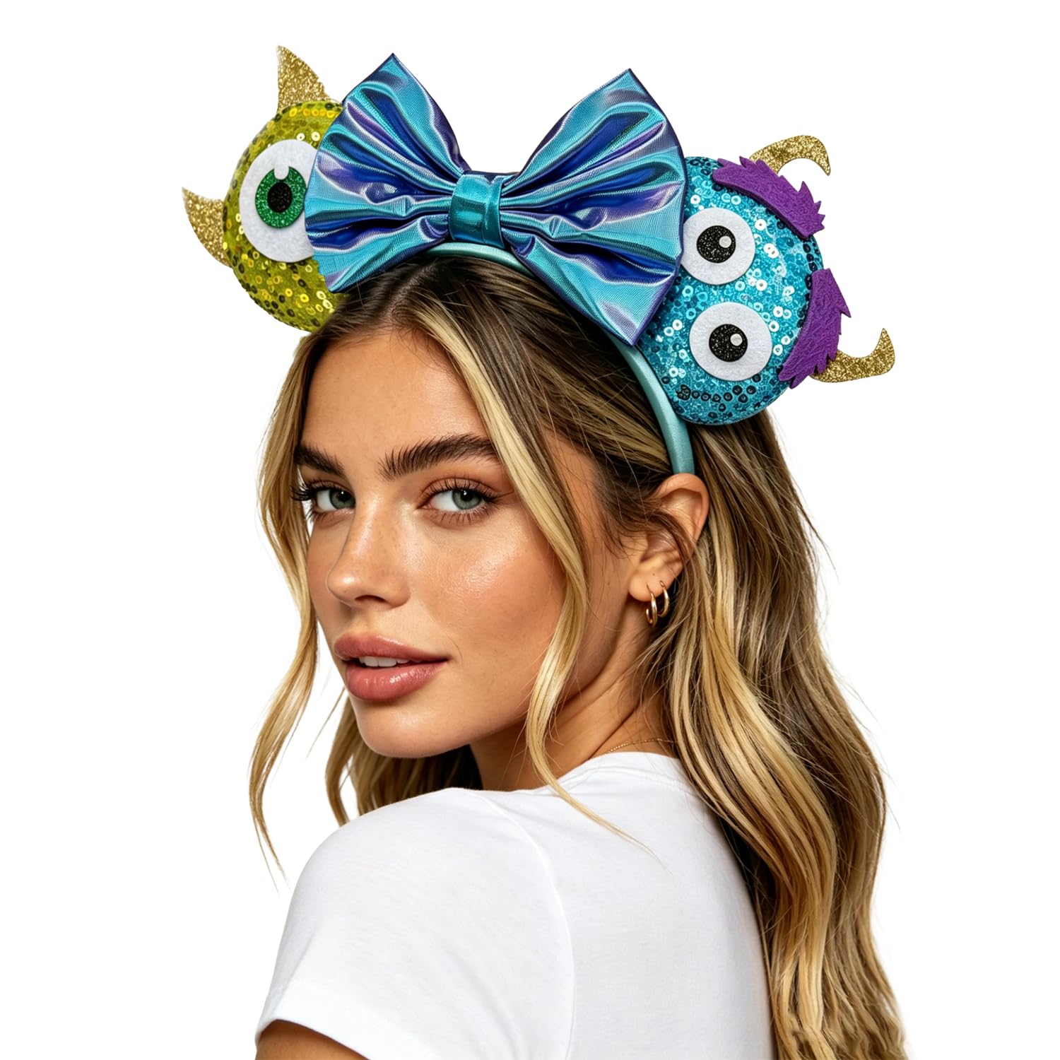 Monsters Mouse Ears Headband for Women Sequin Blue Bows