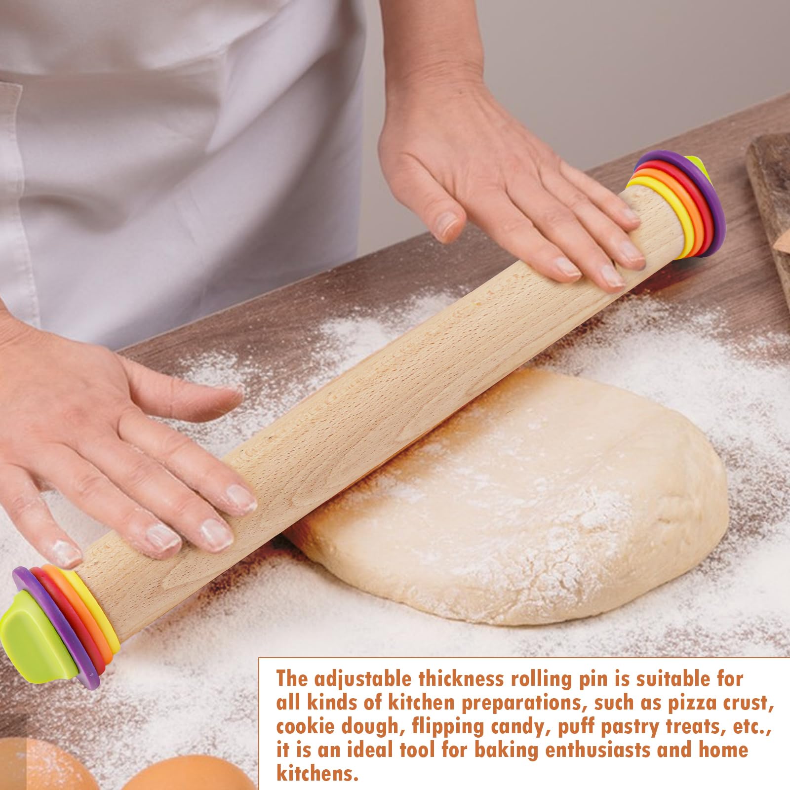 Nudelholz aus Holz, 43,2 cm, Nudelholz mit 4 verstellbaren Ringen, abgestufter Nudelholz zum Backen, Fondant, Pizza, Kruste, Kekse, Gebäck