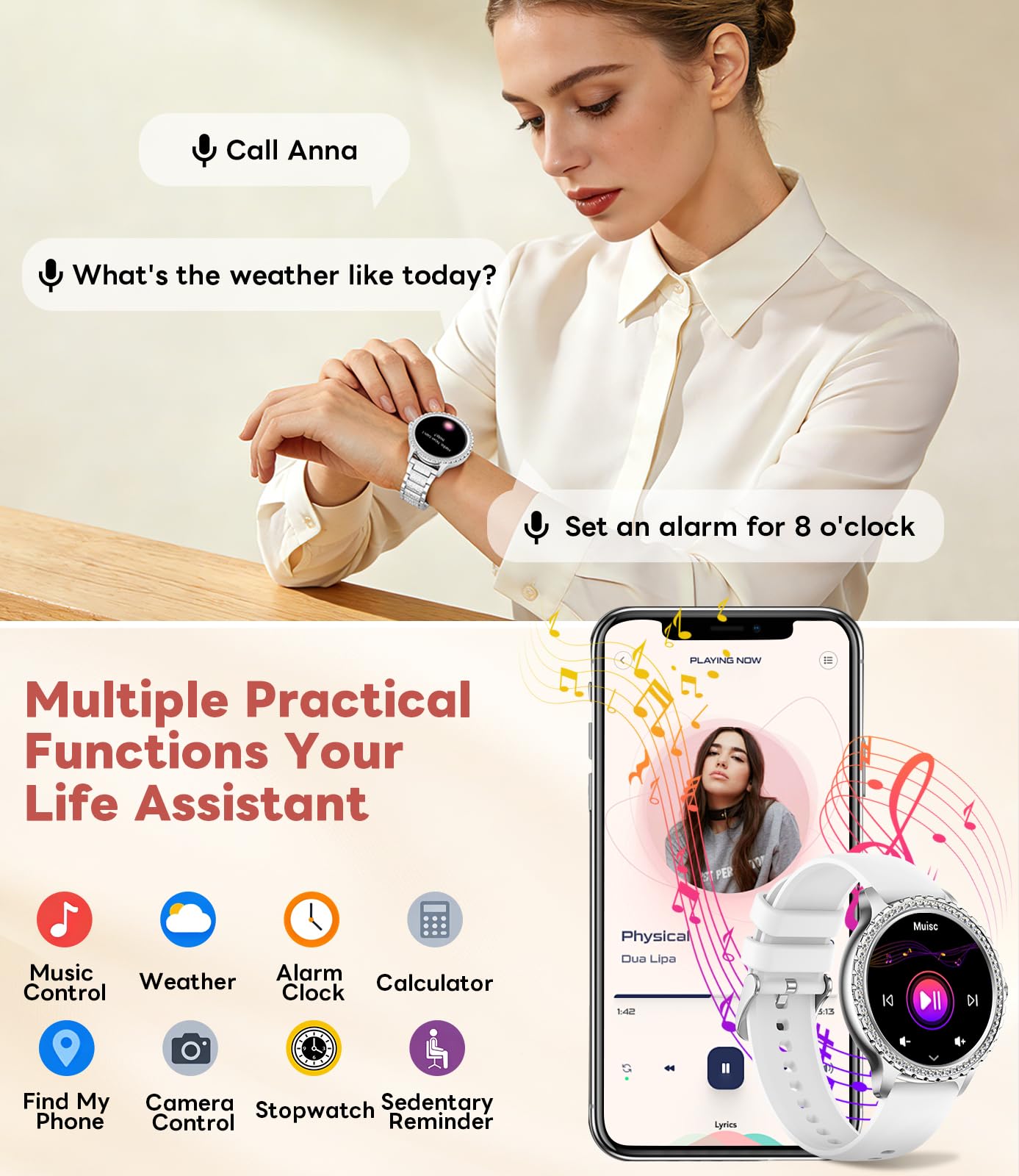 LIGE Damski smartwatch z połączeniem Bluetooth, 1,32" Diamentowy Smartwatch, Monitor snu, Cykl menstruacyjny, krokomierz, 500+ Inteligentny zegarek na Androida iOS, srebrna stal nierdzewna