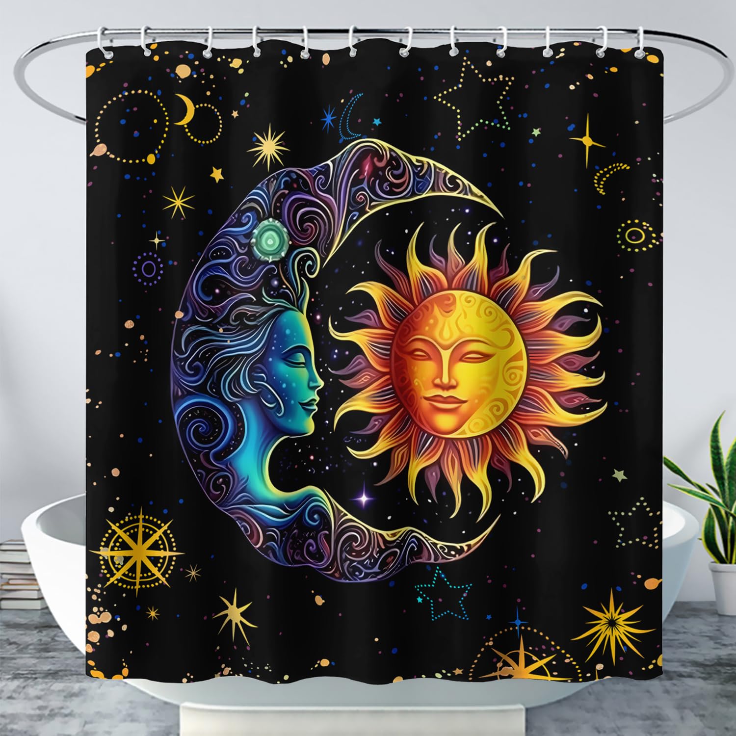 AILONEN Sun and Moon Shower Curtain,Space Galaxy Boho Exotic Sun and Moon Bath Curtain,Celestial Starry Moon Smiles Decoration Waterproof 60