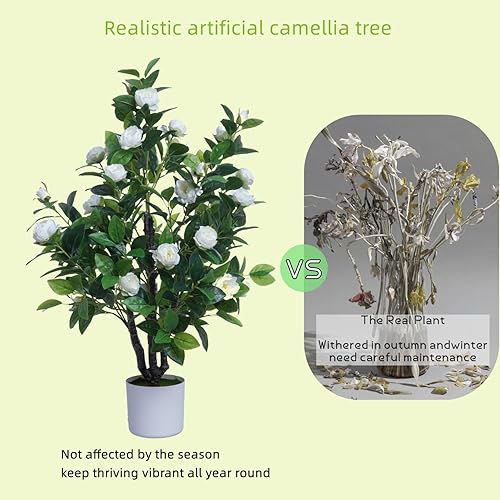 Miniatura 6 de Árbol de camelia artificial de 35 pulgadas con flores naranjas y hojas verdes, sin mantenimiento, para interiores y exteriores, oficina, hogar,