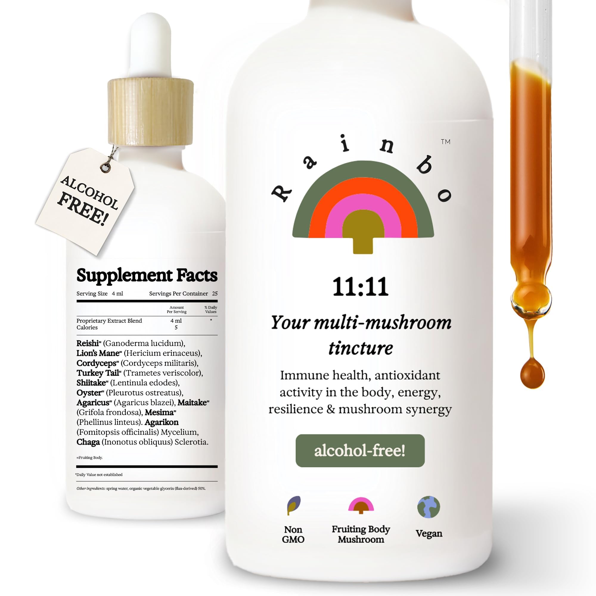 11:11 Multi Mushroom Tincture - 11-in-1 Alcohol Free - Dual Extract Mushroom Blend - Comprehensive Immune Support, Brain Support, Liquid Lion's Mane & Turkey Tail, Vegan, Non-GMO, 3.4 fl oz.