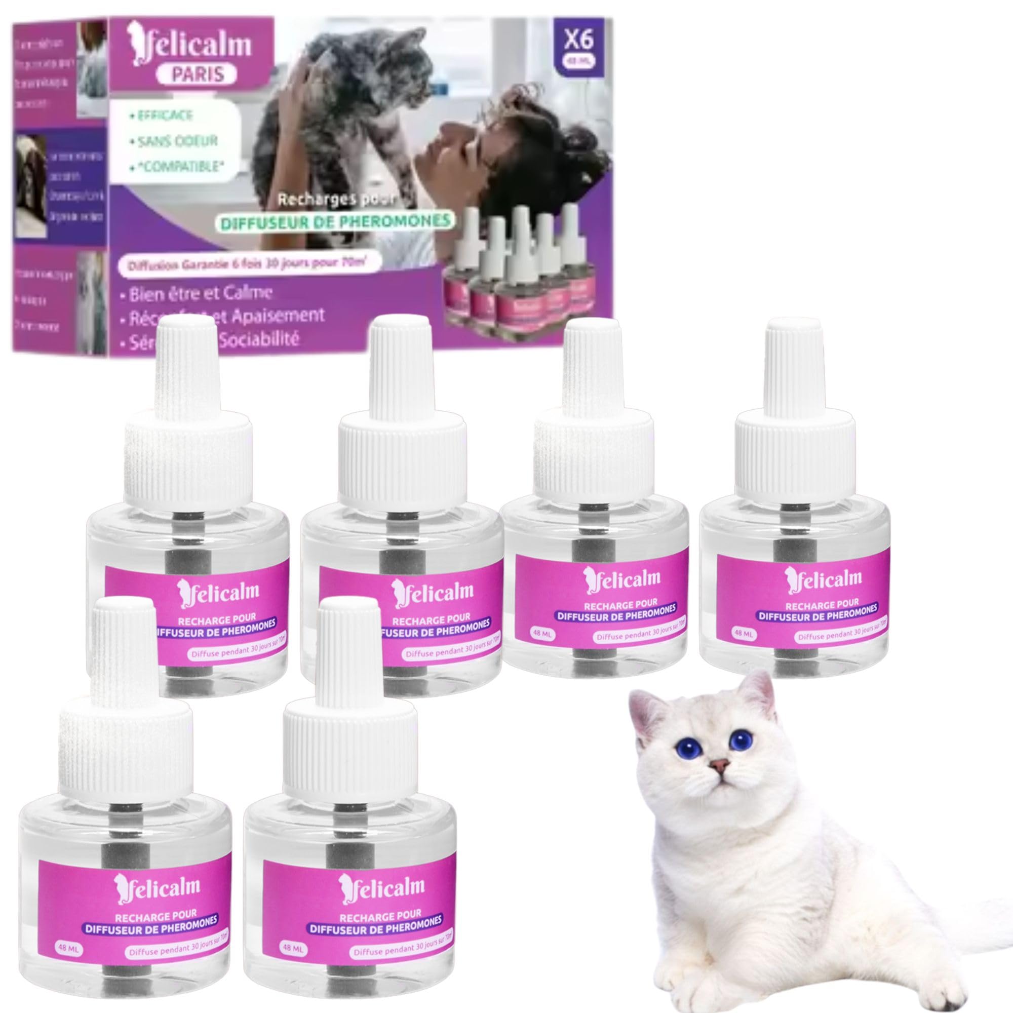 Paris -Nouvelle Formule de PHEROMONE pour Chat et Chaton -6 Recharges de 48 ML- Anti Stress pour Chat- CALMANT- Bonheur et Harmonie