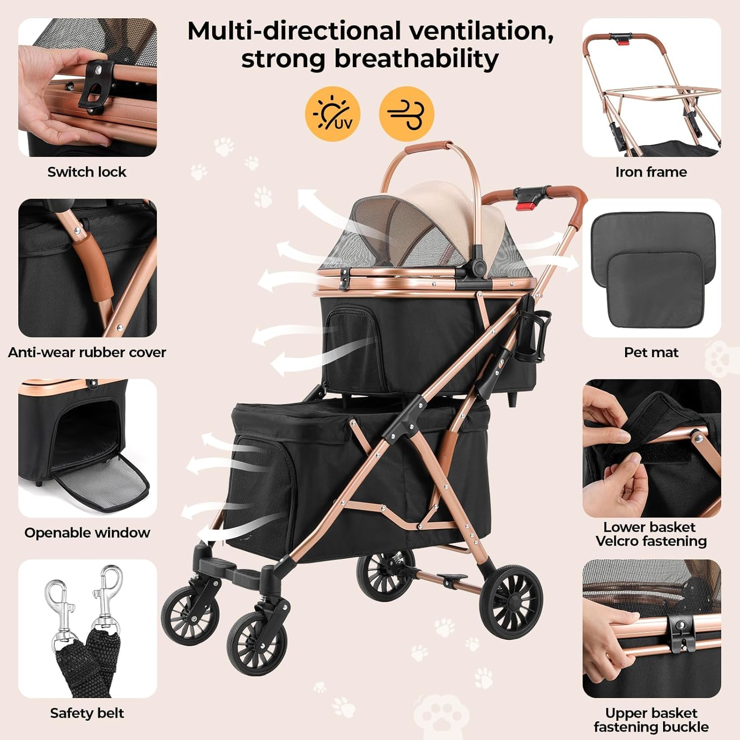 MAMIZO Cochecito para Mascotas 2 Niveles, Plegable Carrito para Mascotas de Hasta 15 kg, Carrito de 2 Niveles para Perros Gatos con Ventanas de Malla Portavasos y 4 PCS Ruedas PU, Negro