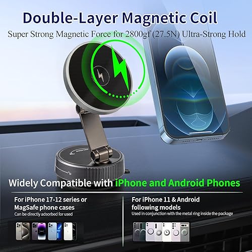 Miniatura 7 de Cargador MagSafe de montaje para automóvil para iPhone carga inalámbrica rápida de 15 W Succión fuerte de 120 libras, doble capa de 2800 gf fuerte