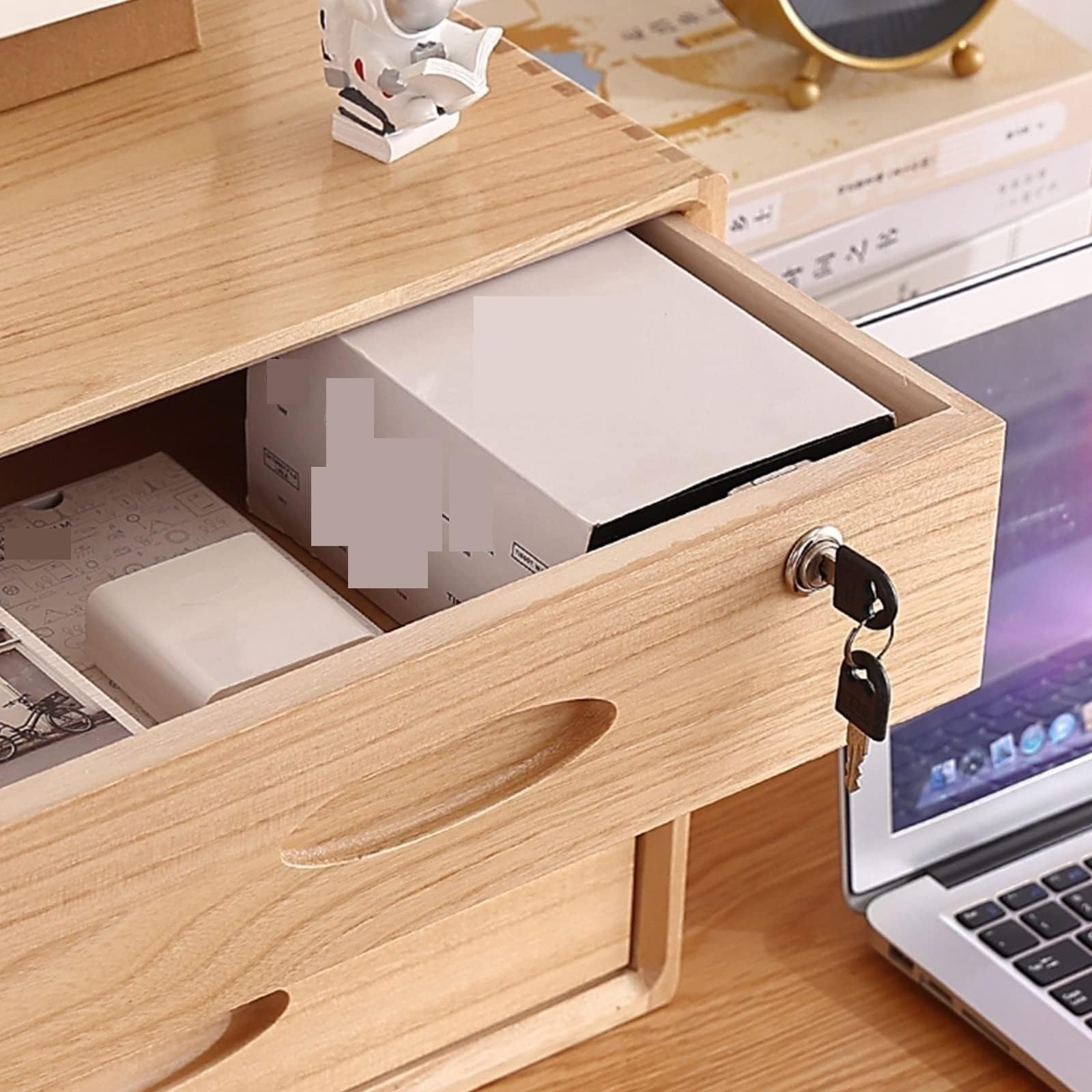 Armadietto in legno massello naturale con chiusura a chiave, cassettiera rustica e scrivania da ufficio con 1 cassetto, soluzione creativa per la scuola a casa