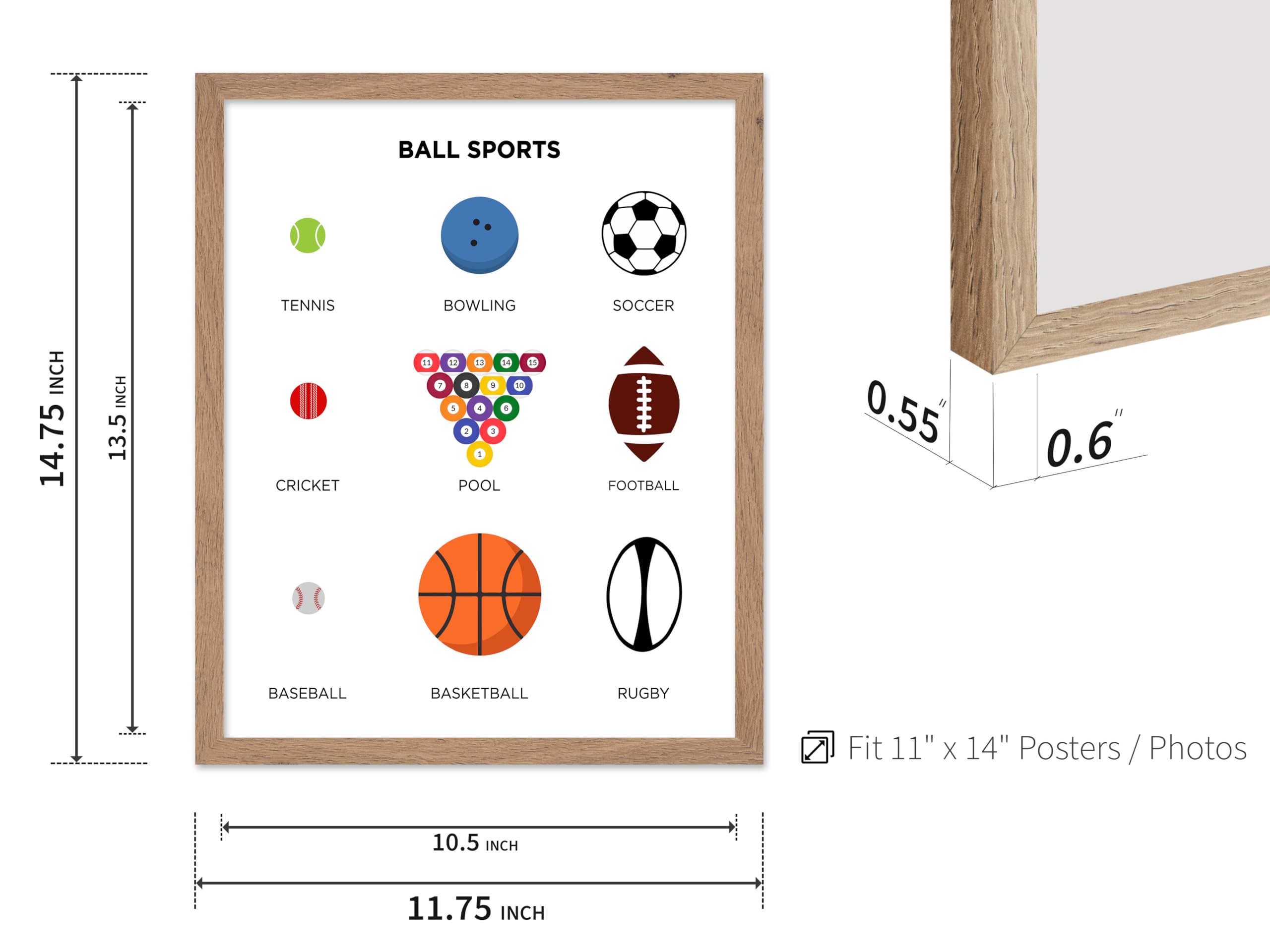 Poster Master Poster sportivo con palla, stampa con palla, arte sportiva, pallacanestro, arte calcistica, arte del baseball, arte biliardo, bowling, sala giochi o camera dei bambini, con cornice