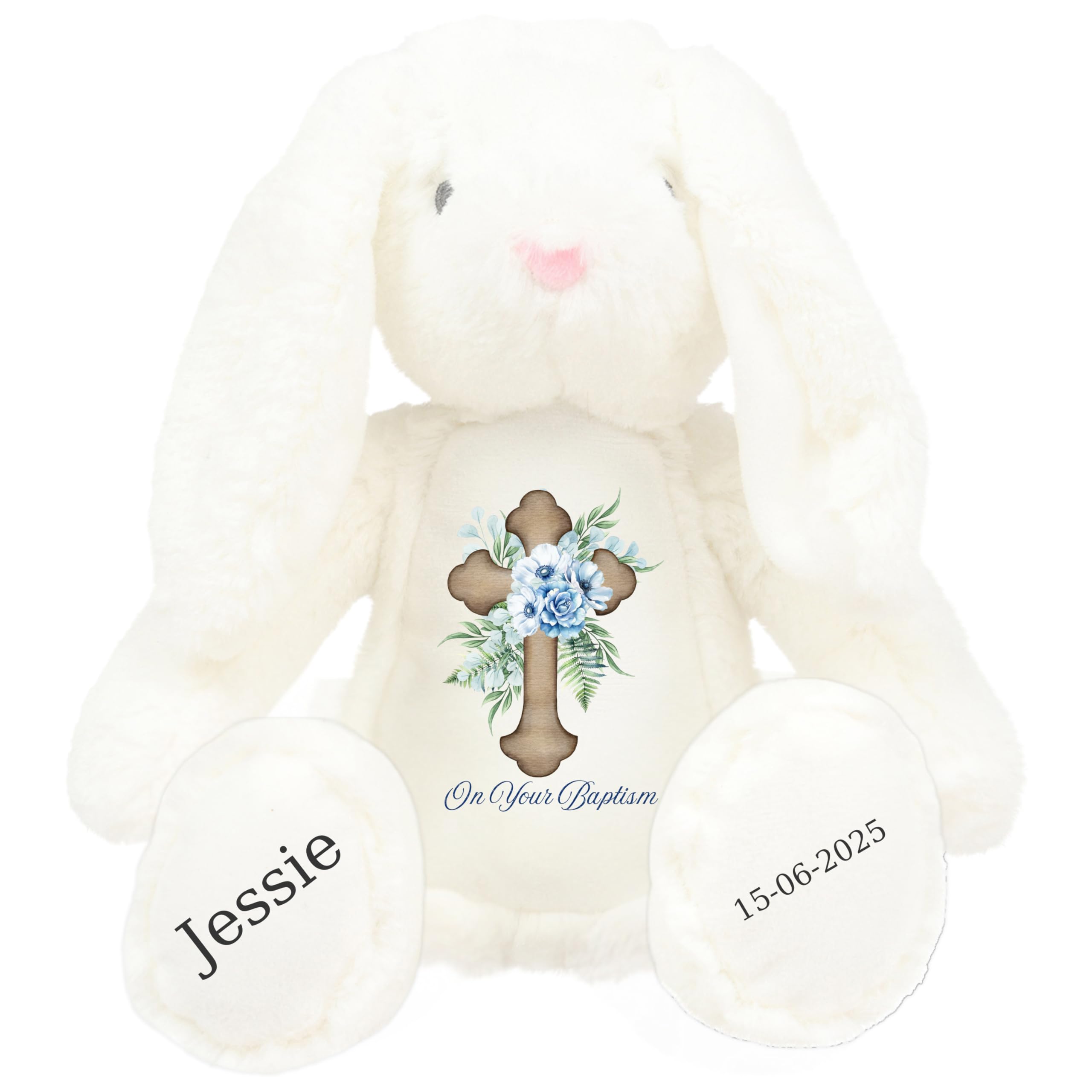 HotScamp Personalised Baptism Bunny with Name - Blue Flower Cross On your Baptism Day Soft Toy for Baby, Child, Kids, Babies Christening Church Spring Time - Blue Letter White Bunny — image 1