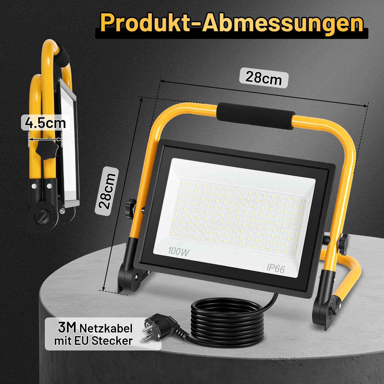 Focos LED de construcción, 4 unidades, 100 W, 6500 K, luz blanca fría, 8000 lm, cable de 3 m | IP66 resistente al agua con soporte plegable, luz de trabajo portátil superbrillante para taller, construcción, garaje