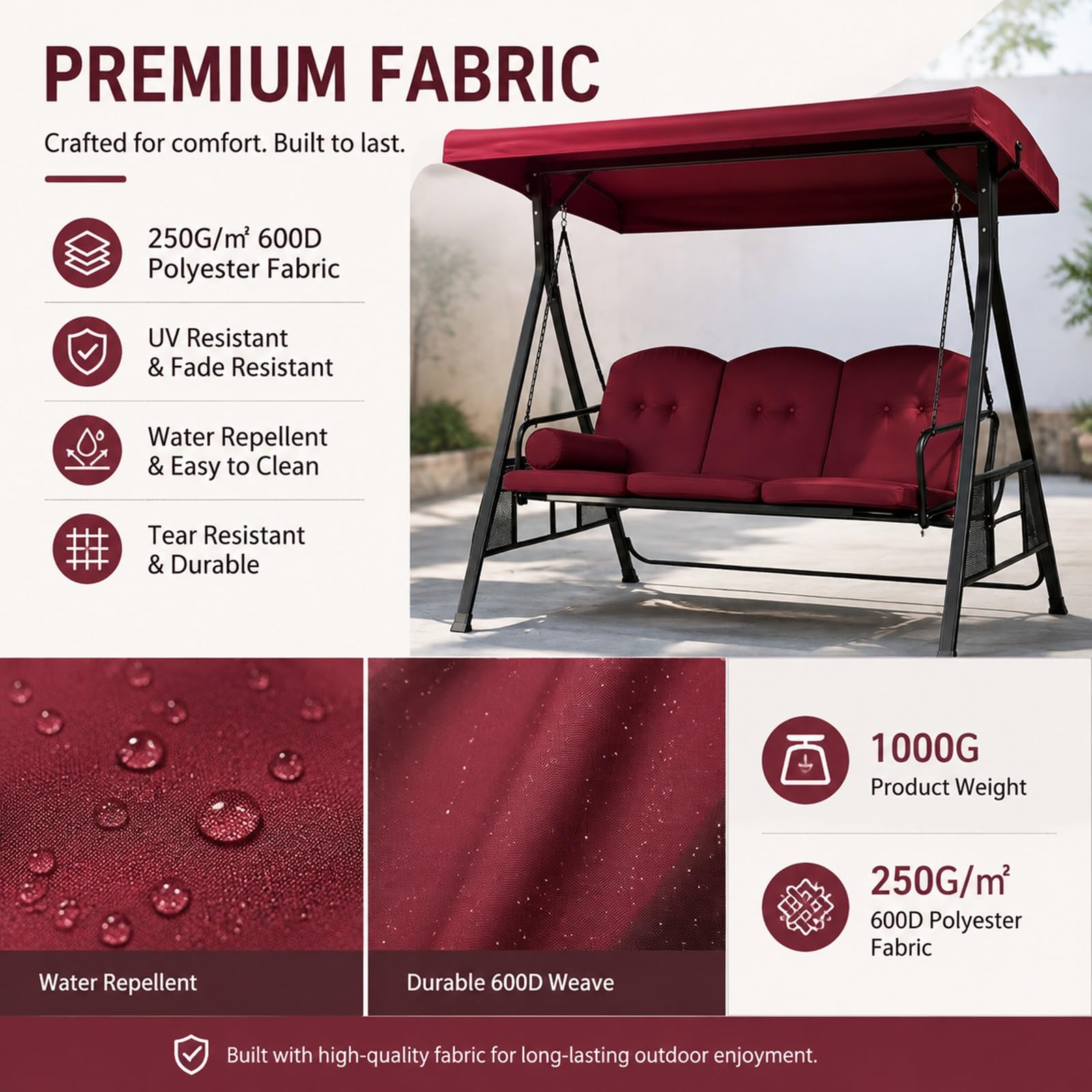 Tetto Di Ricambio Dondolo Impermeabile Copertura Per Esterno Giardino | Poliestere 600D 250g/m², resistente agli strappi, adatto giardino terrazzo prato(Red,77.95*46.46*8.27*6.30in)