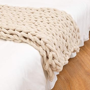 Chunky Knit Blanket Chenille Beige, Handmade Chunky Throw Blankets Bulky Soft Fluffy Oversized Cable Braided Hand Knotted Throw for Sofa, Boho Gift -24x31inch