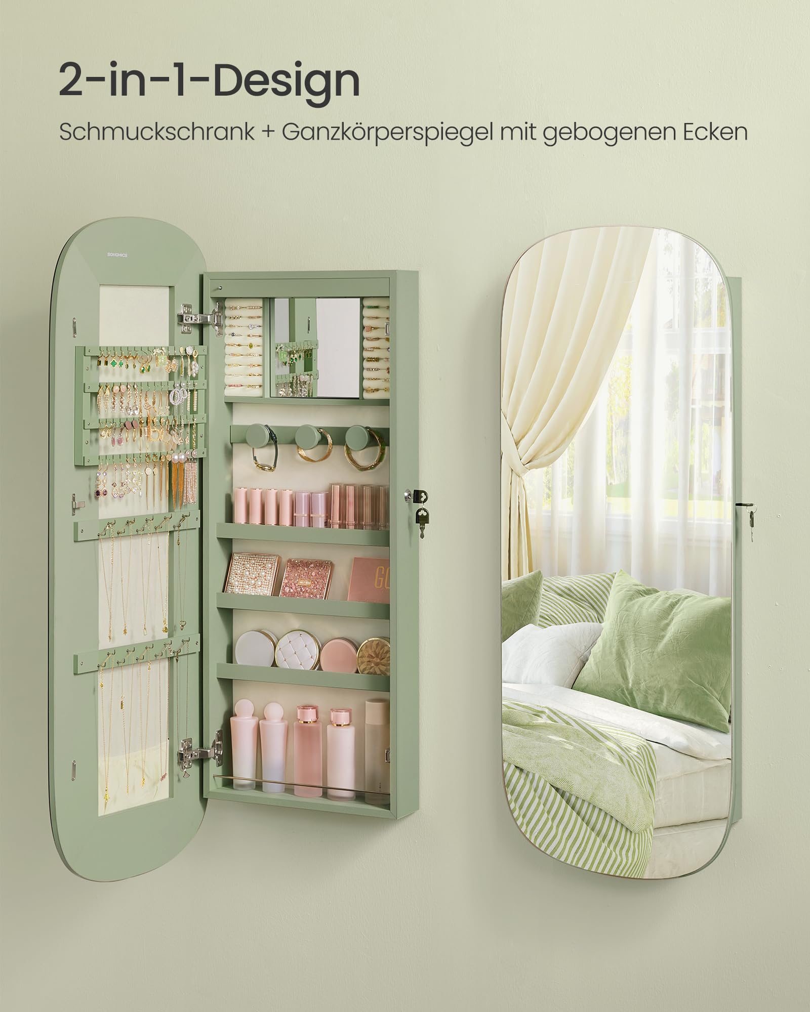 SONGMICS Schmuckschrank, Spiegelschrank, Schmuck-Organizer mit LED-Beleuchtung, abschließbar, Wandschrank mit Spiegel, für Ohrring, Halskette, Oberfläche in Lorbeergrün, Innenfutter in Cremeweiß