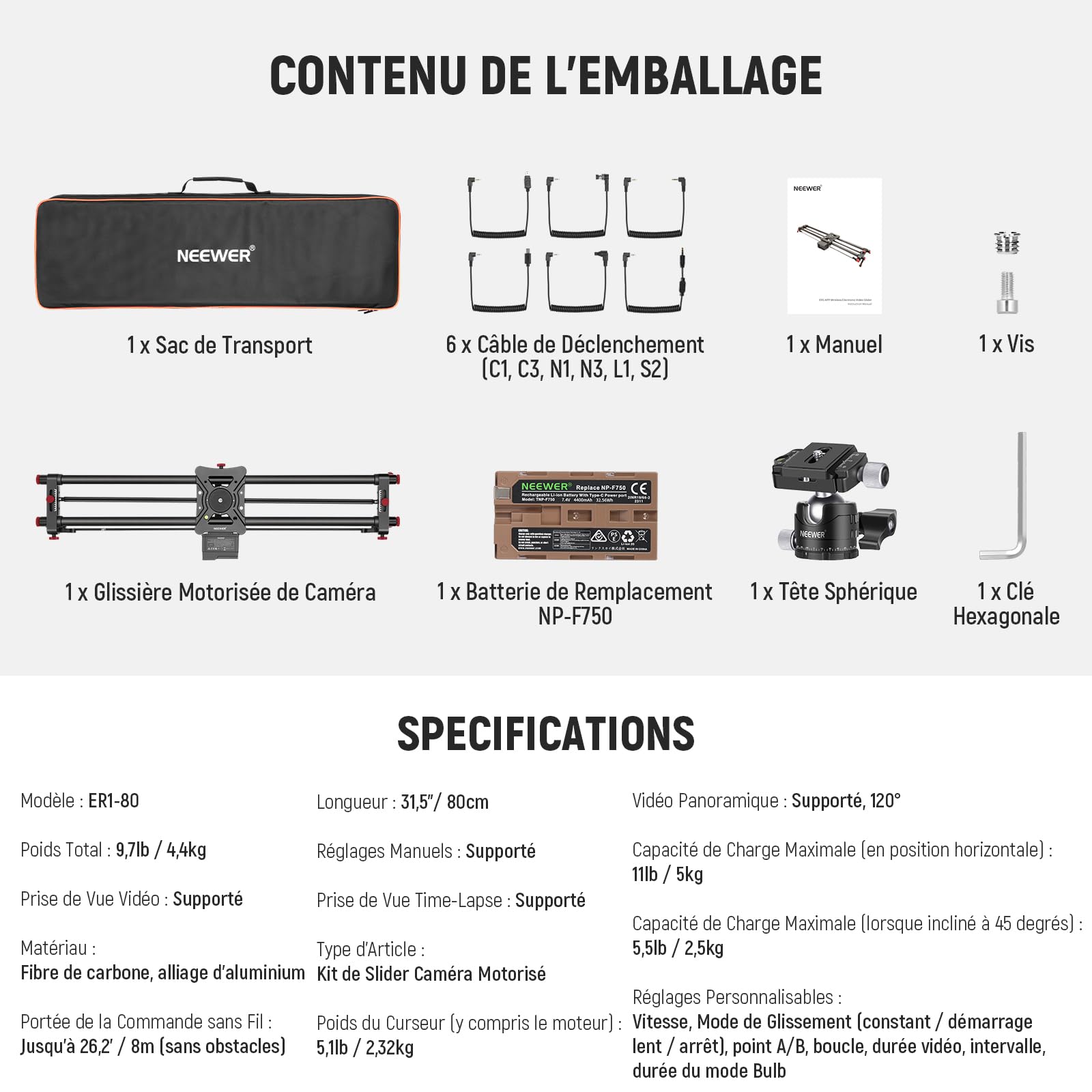NEEWER 31.5"/80cm Slider motorisé pour DSLR, Rail de Travelling en Fibre de Carbone avec contrôle par Application, Batterie F750 4400 mAh, Compatible avec Le Mode vidéo, Chargeur Non Inclus, ER1
