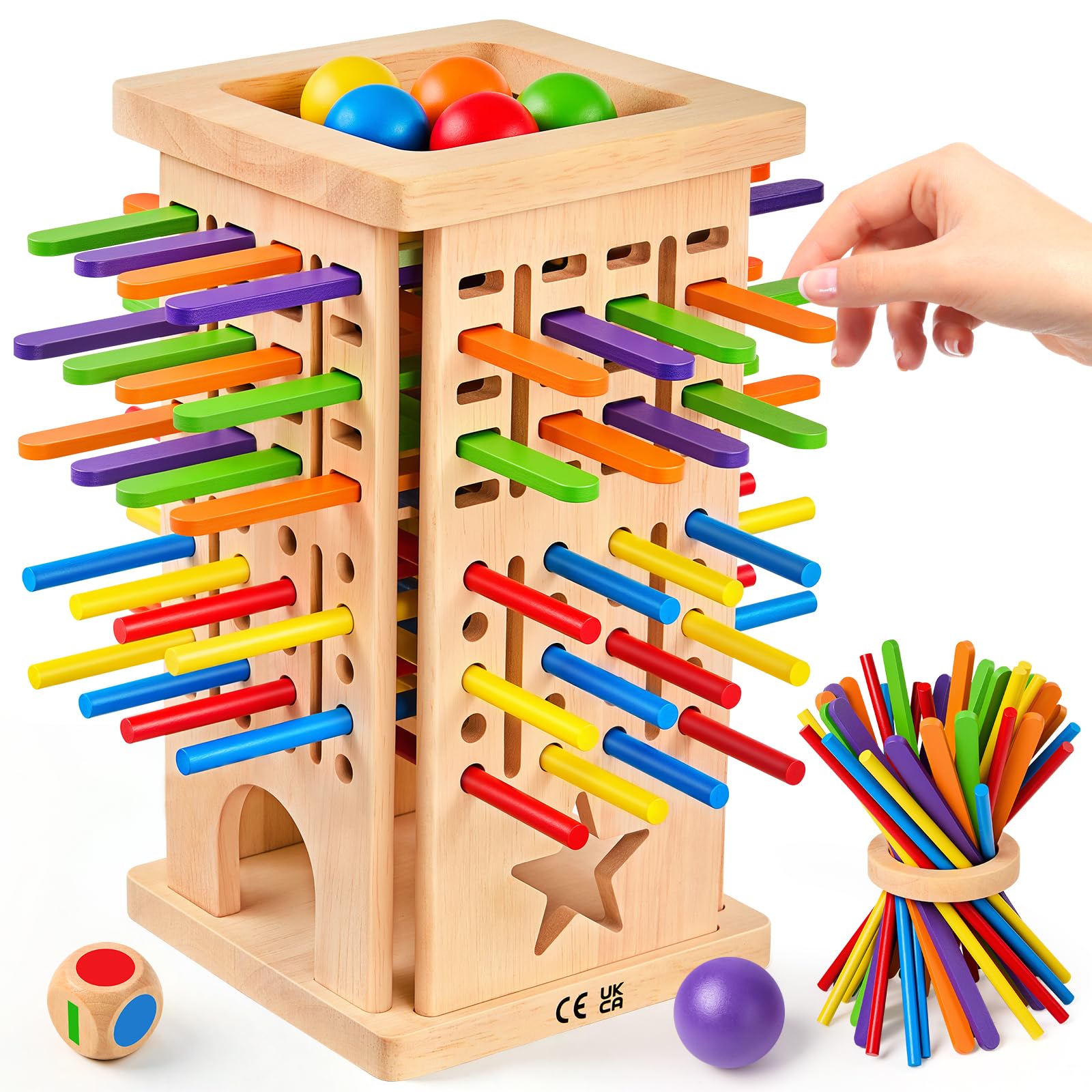 Montessori Wooden Board Game for Kids Age 3-6, 42 Colorful Sticks Dice Game