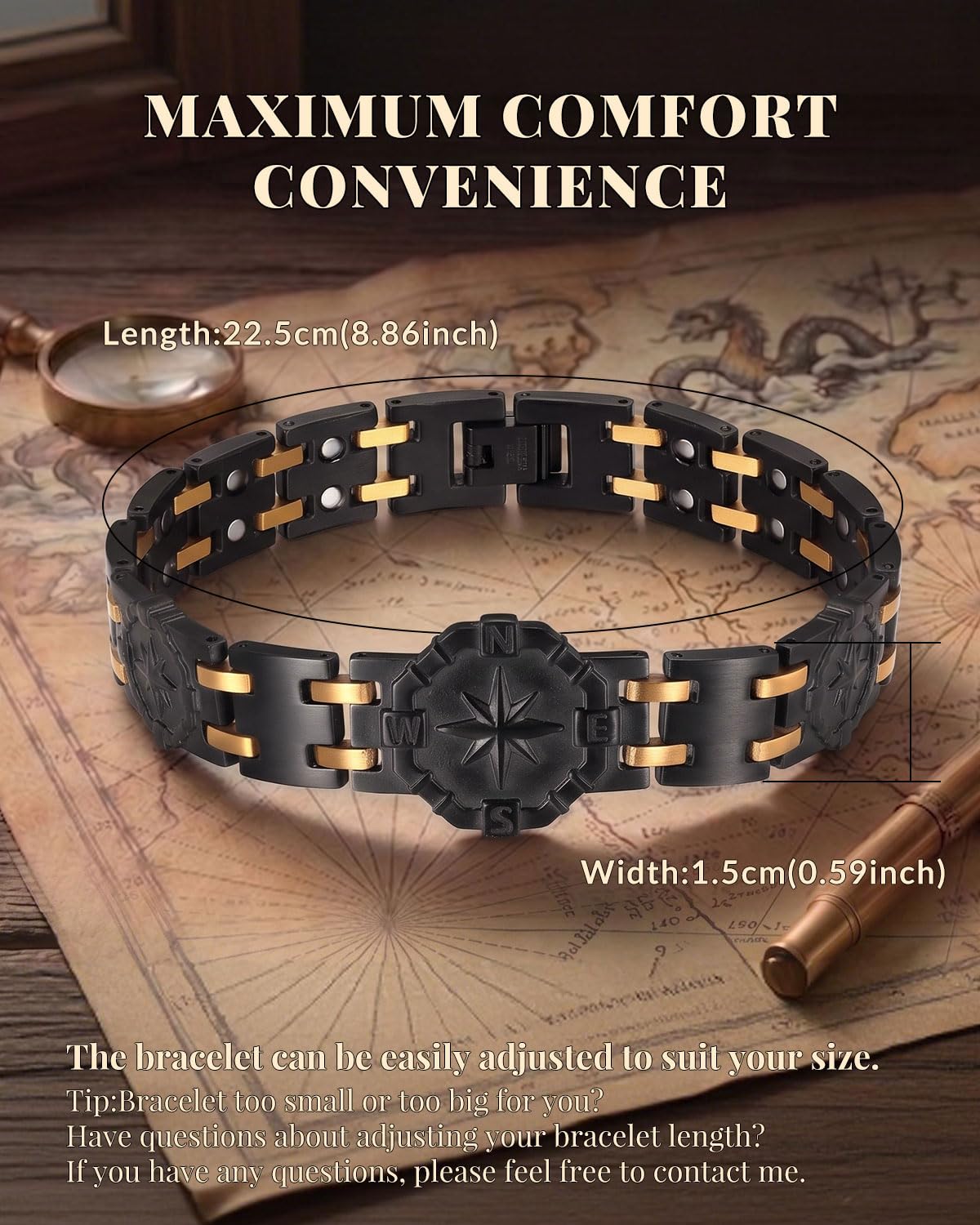 RainSo Pulsera magnética para hombre, pulsera de acero inoxidable de doble fila de 3800 Gauss, diseño náutico único, clásico, plateado, dorado, versátil, tamaño ajustable, adecuado para negocios y