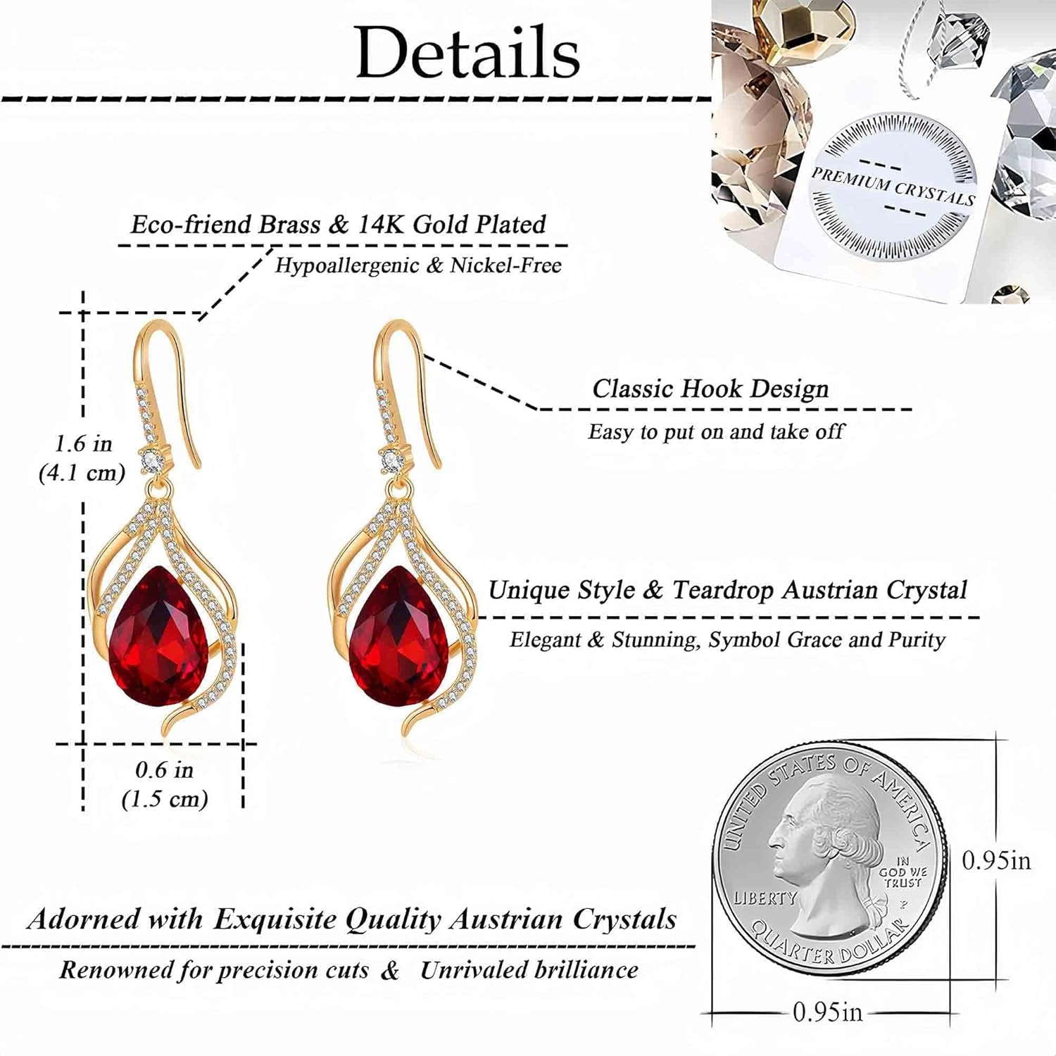 Austrian Crystal Hollow Teardrop Halo Drop Twisted Dangle Earrings for Women 14K Rose Gold Plated Hypoallergenic Jewelry - Image 4