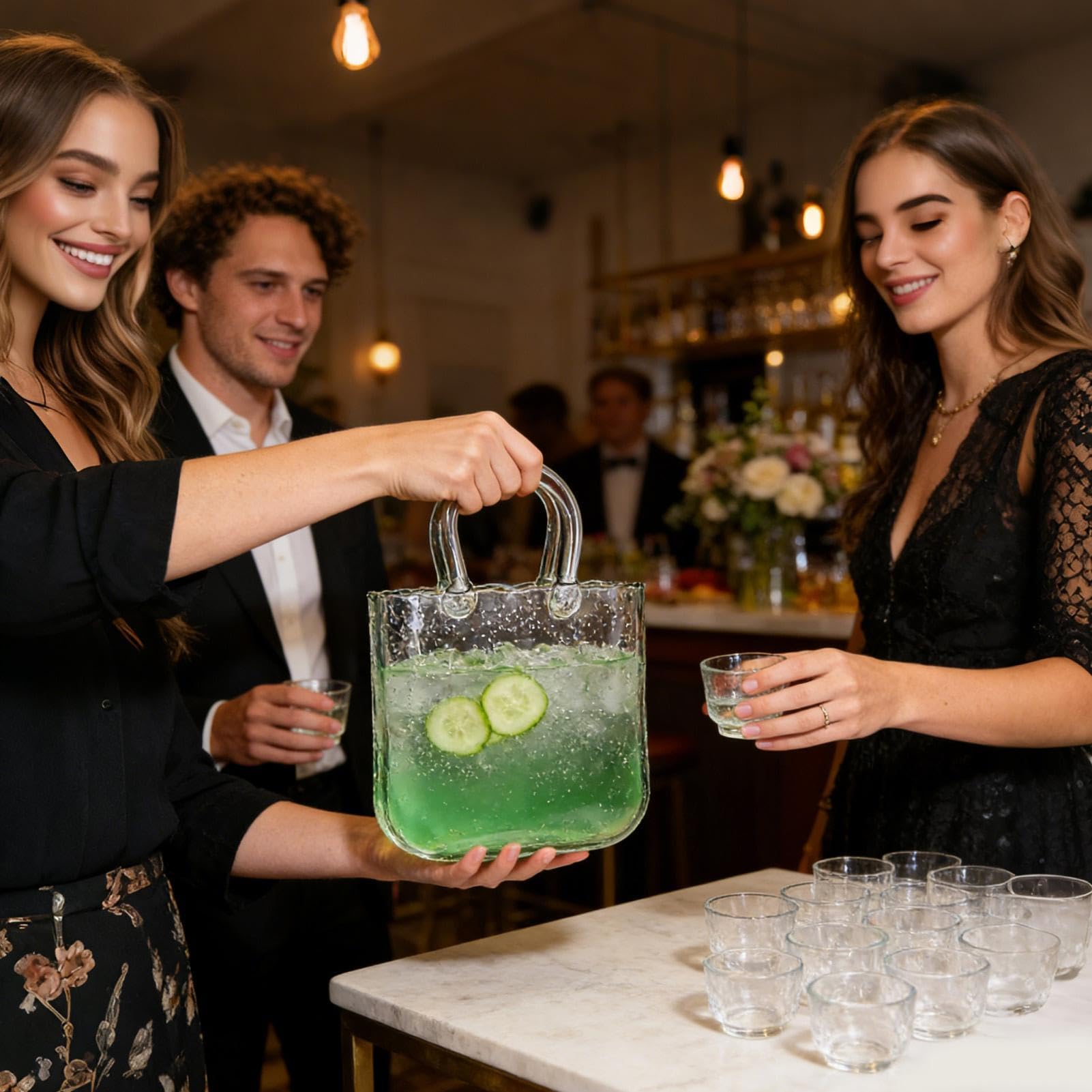 Genérico Vasos para Beber 2340 ml Vaso Transparente con Forma de Bolso y 4 | Incluye 4 para , Bodas, Brunch, Té de la Tarde, Reuniones, Cumpleaños, Hogar y Cocina