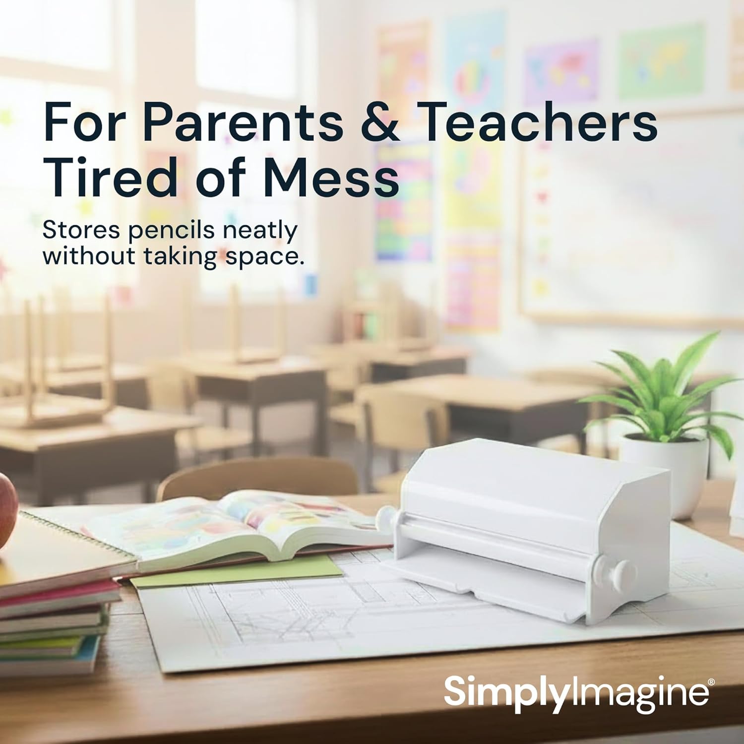 SimplyImagine Pencil Dispenser for Classroom - White Acrylic Pencil Parking Organizer 10.5x5.5x4 in - Fits 50 No. 2 Pencils with Manual Rolling Knob - Teacher Must Haves Gadgets & Desk Decor