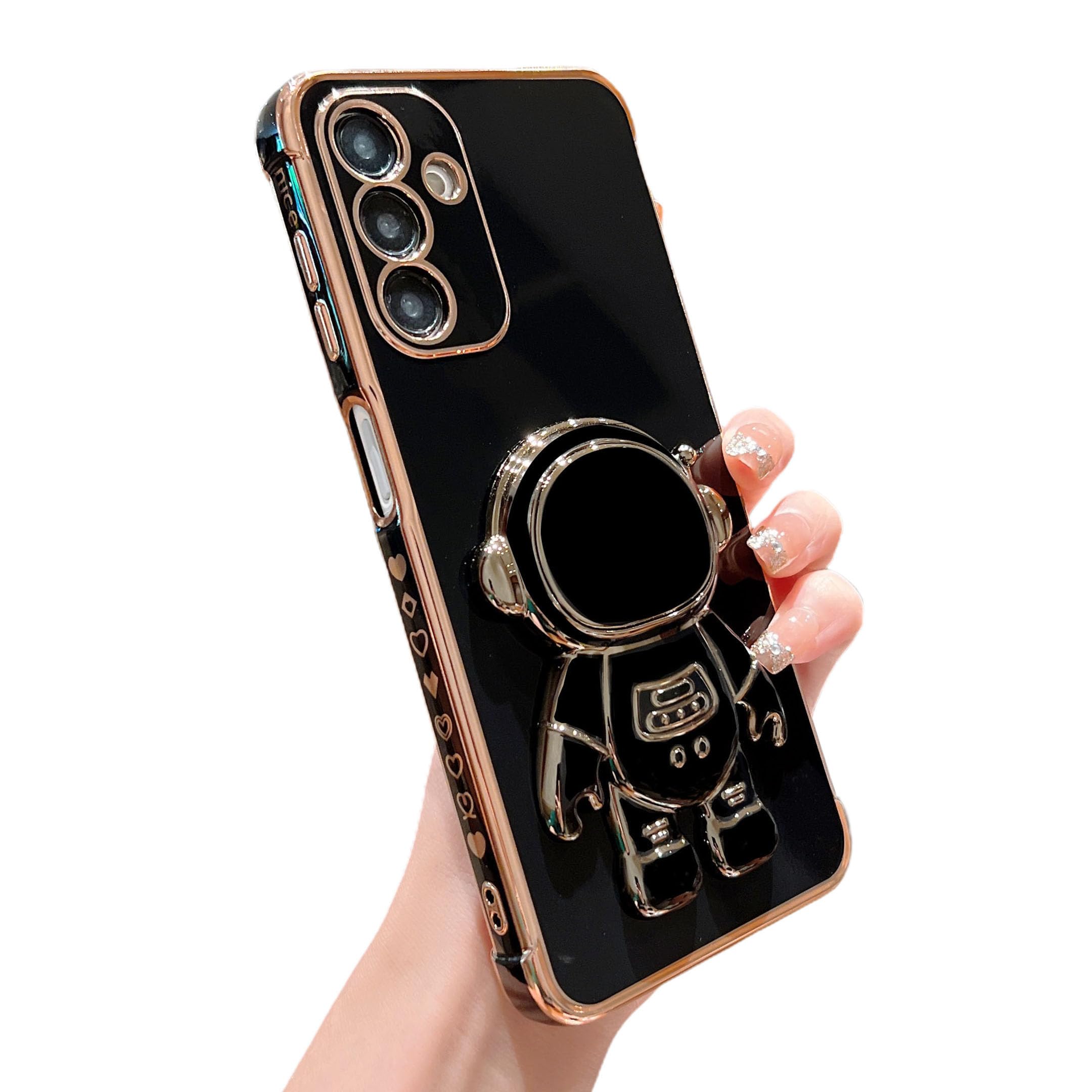 phylla Phone Case for Samsung Galaxy A16 6.7",Luxury Plating Astronaut Stand Holder Phone Case with Cute Love Heart Side Small Pattern Soft Silicone
