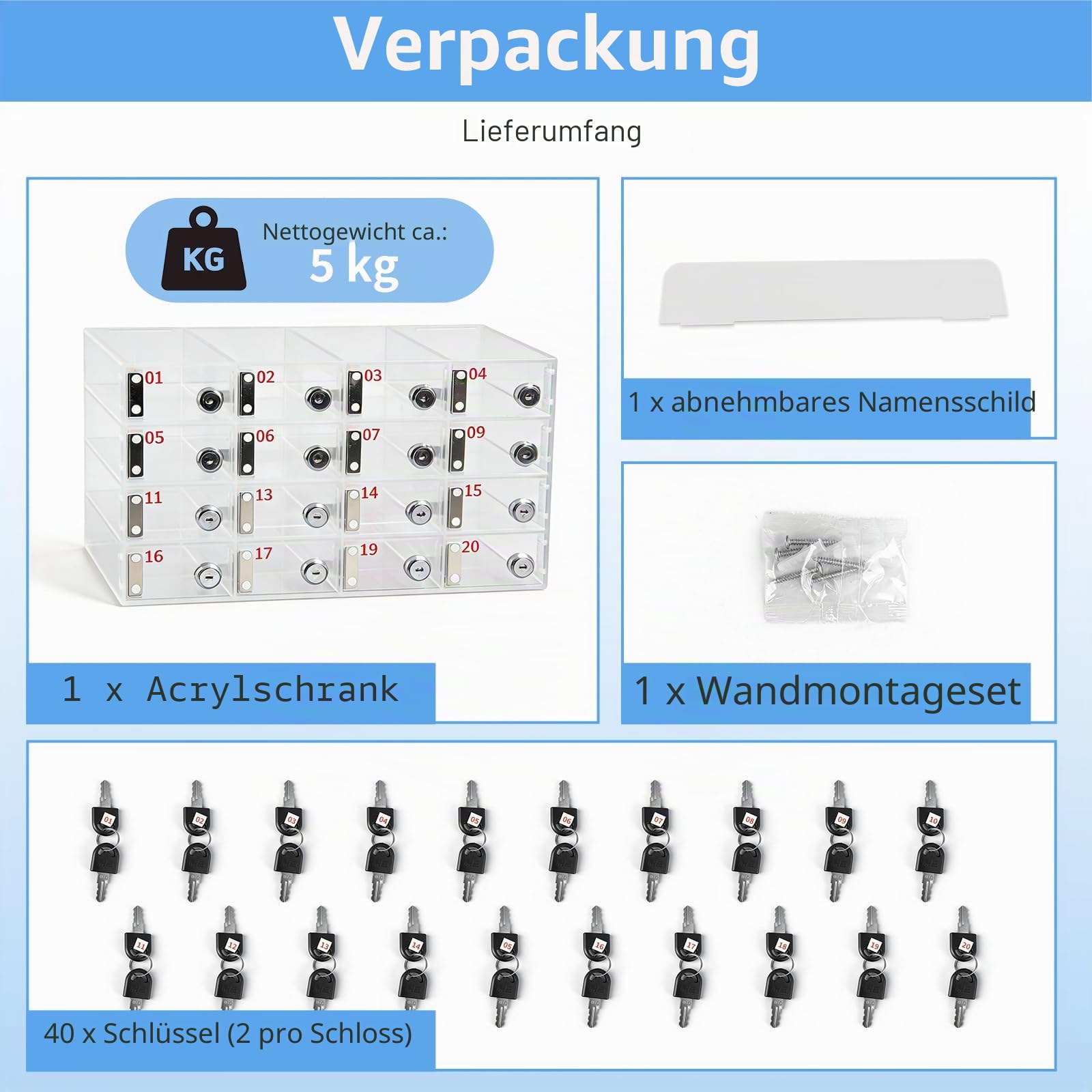 20 Fächern Handysafe mit Unabhängigen Schlössern, Handygarage Handytresor mit 40 Schlüsseln, Transparenter Acryl Handy Aufbewahrungsbox, Wandmontage für Schulen, Klassenzimmer, Büros, Fabriken