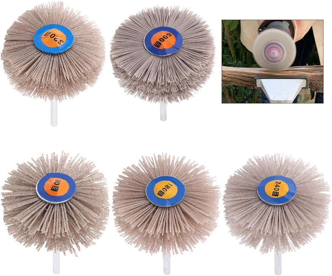 Swpeet 5Pcs 5 Sizes 80# 180# 240# 320# 600# Nylon Wheel Brush Abrasive Grinding Head with 6mm Threaded Shank Assortment Kit, Sanding Mop Abrasive Wheel for Polishing Removing Rust and Painting