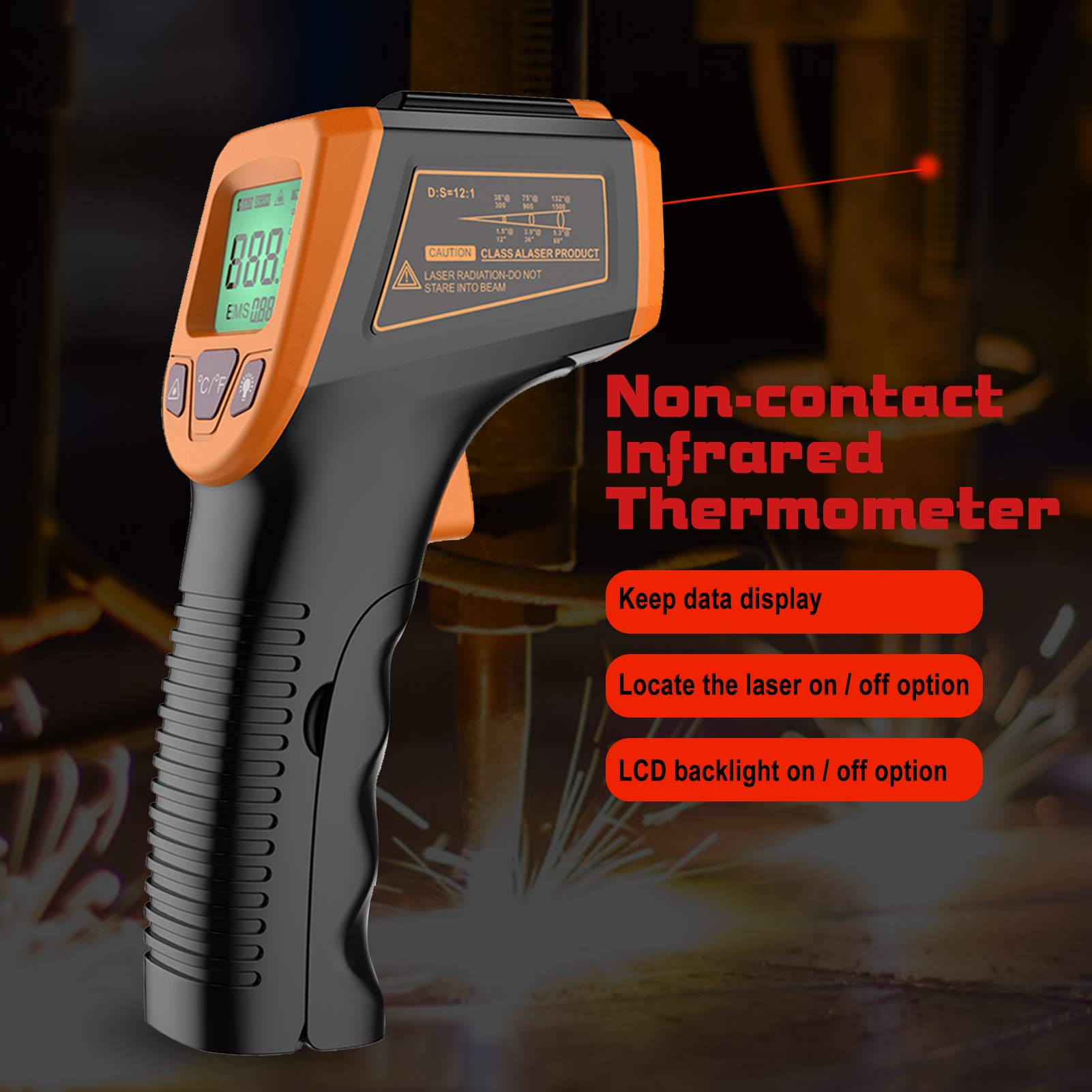 Termometro a infrarossi contatto zero digitale portatile con display LCD retroilluminato Emissività regolabile Gamma di temperature ampia Alta precisione per uso industriale